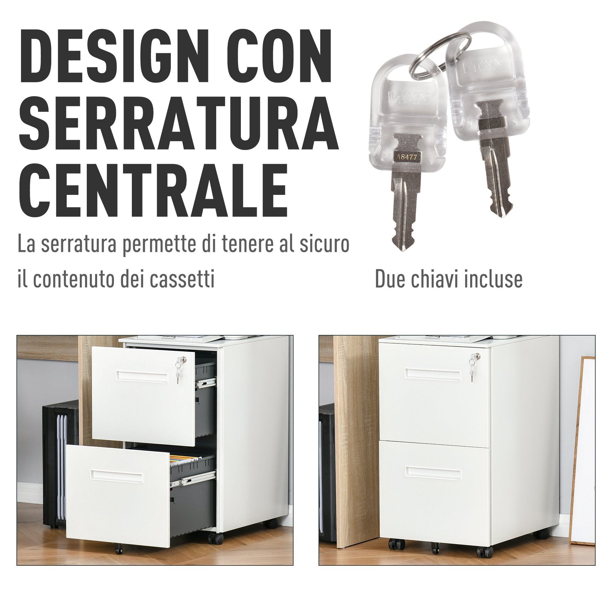 Easycomfort Cassettiera Ufficio with Ruote, Schedario Portadocumenti a 2 Cassetti with Serratura e 2 Chiavi in Acciaio, 39x48x67cm, white
