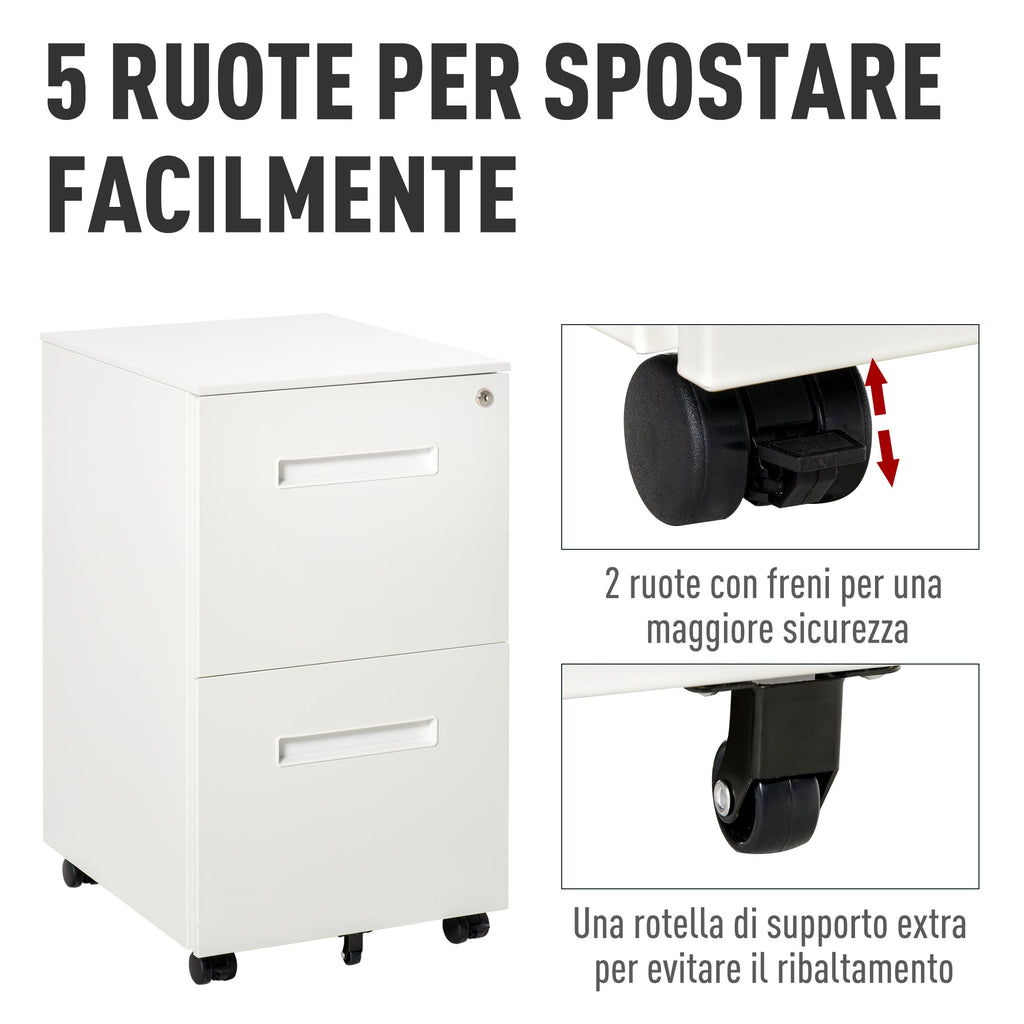 Easycomfort Cassettiera Ufficio with Ruote, Schedario Portadocumenti a 2 Cassetti with Serratura e 2 Chiavi in Acciaio, 39x48x67cm, white