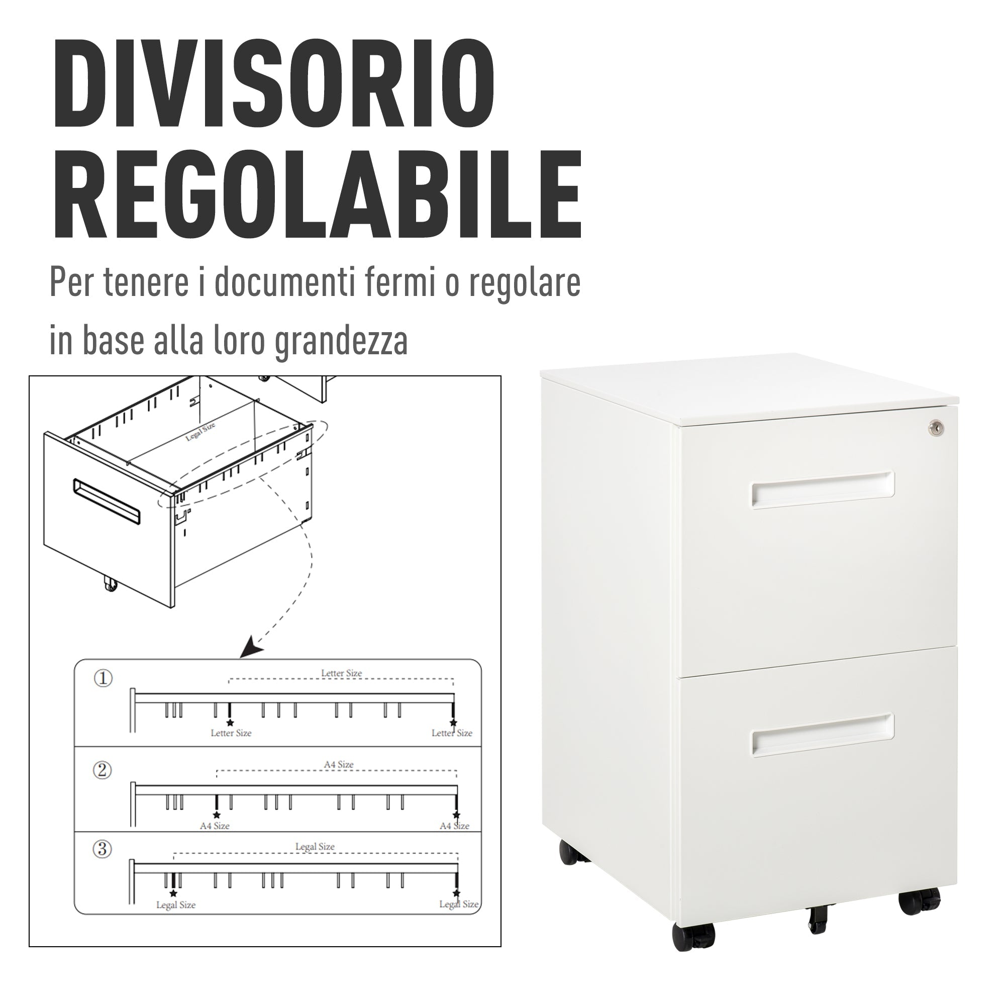 Easycomfort Cassettiera Ufficio with Ruote, Schedario Portadocumenti a 2 Cassetti with Serratura e 2 Chiavi in Acciaio, 39x48x67cm, white