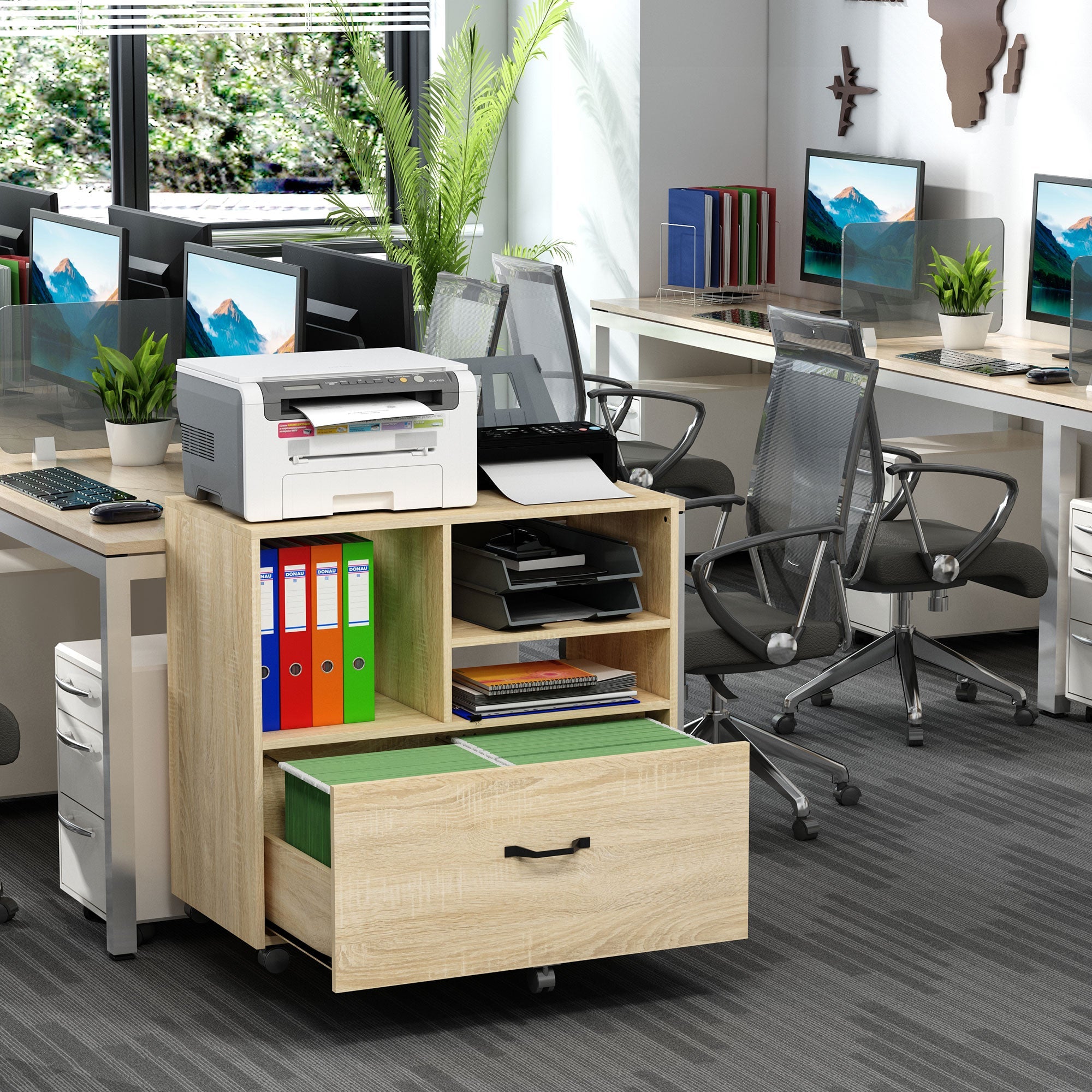 EASYCOMFORT Multipurpose Office Mobile Printer Stand with 5 Wheels and Adjustable Shelf, 77x40x73cm - Wood