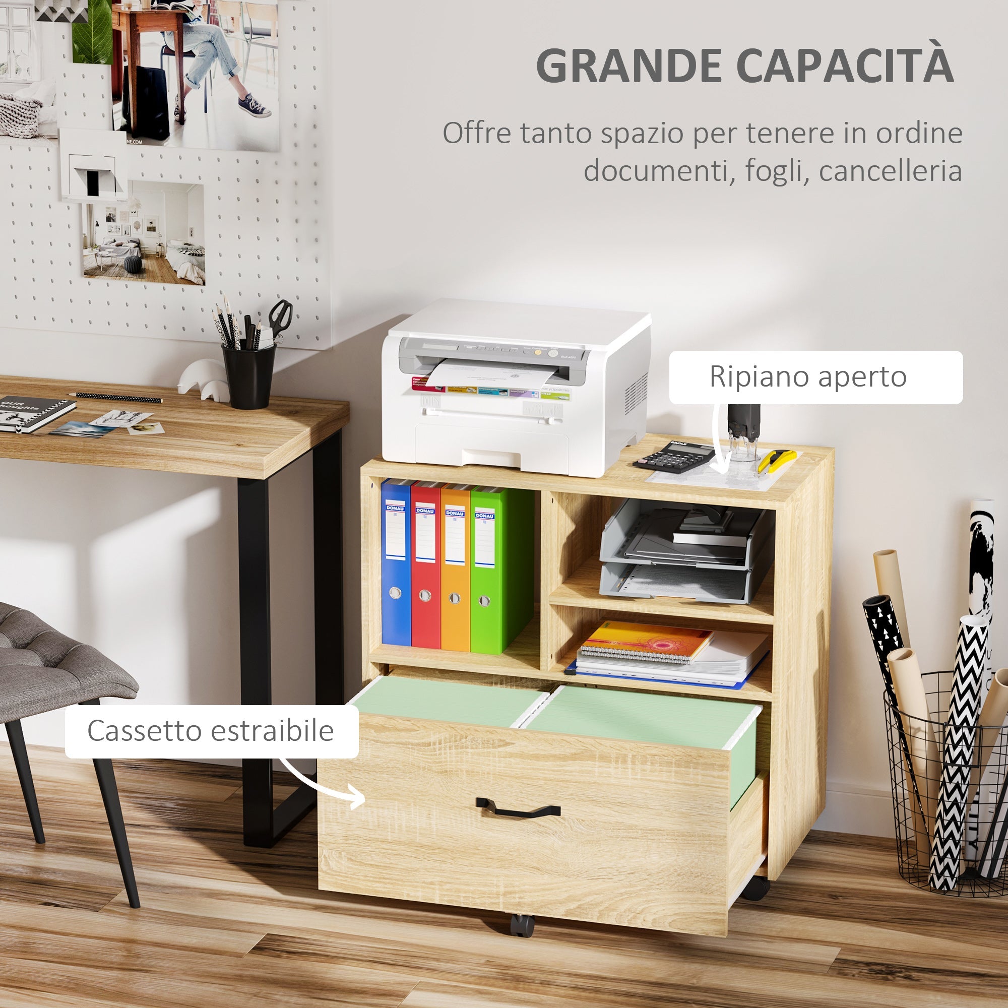 EASYCOMFORT Multipurpose Office Mobile Printer Stand with 5 Wheels and Adjustable Shelf, 77x40x73cm - Wood