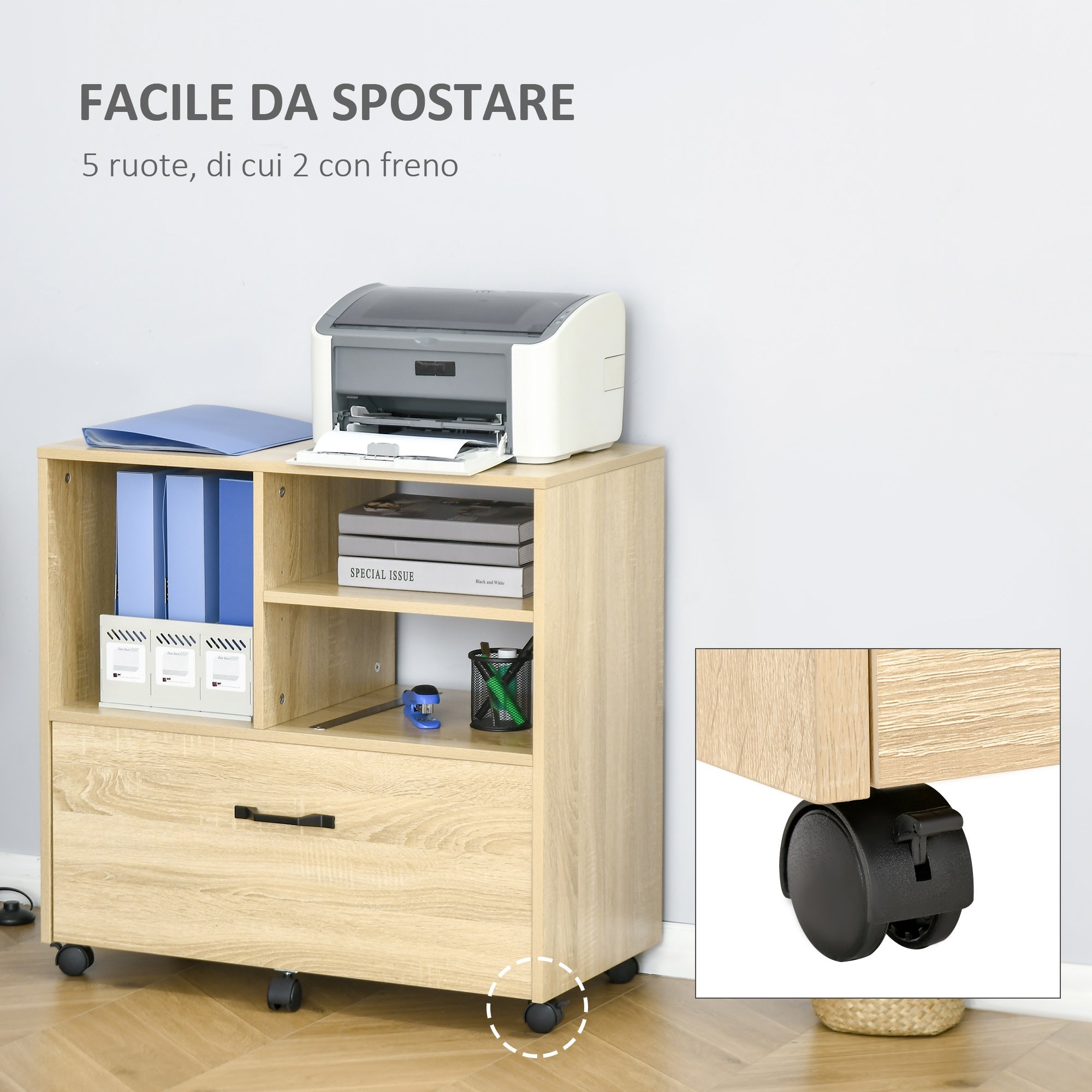 EASYCOMFORT Multipurpose Office Mobile Printer Stand with 5 Wheels and Adjustable Shelf, 77x40x73cm - Wood