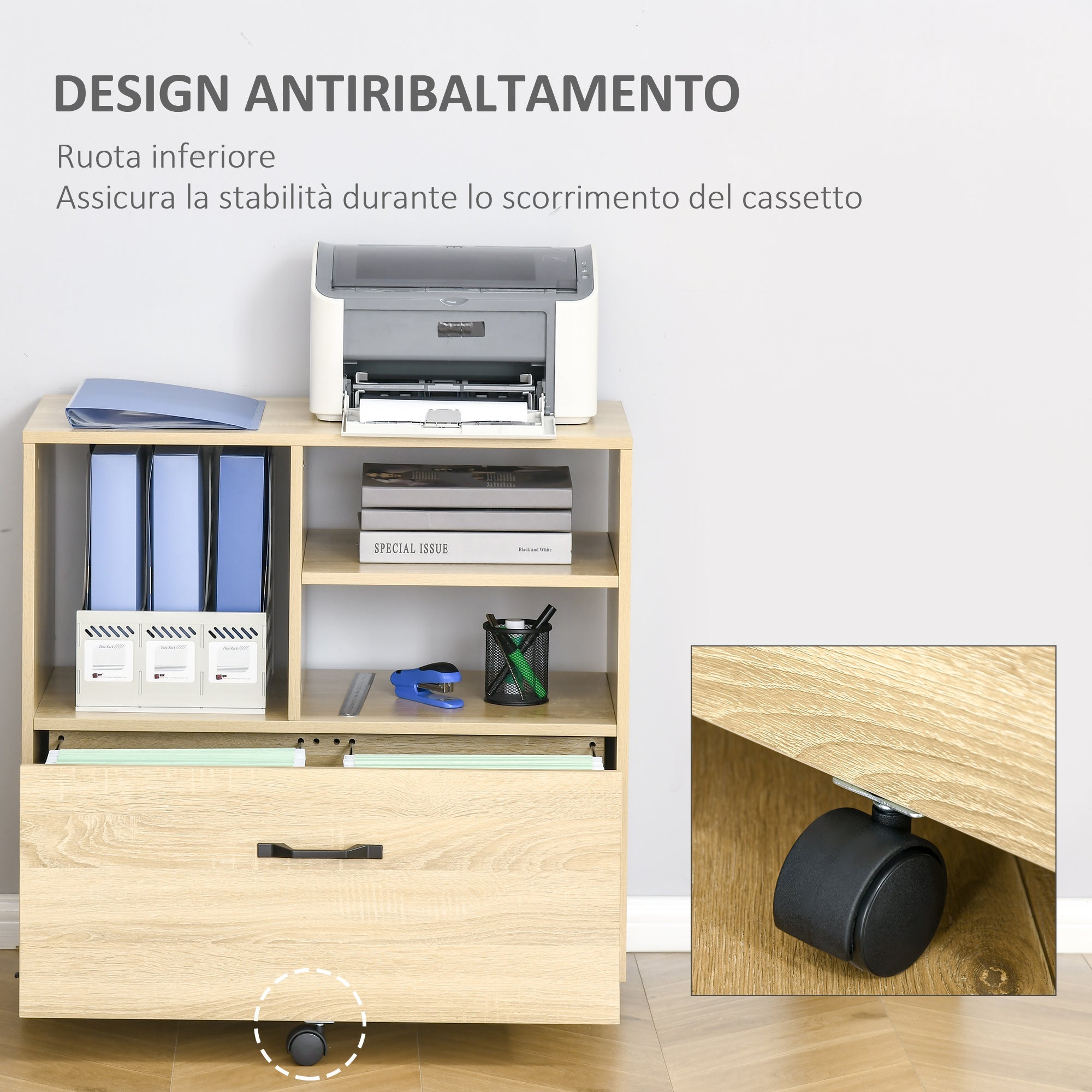 EASYCOMFORT Multipurpose Office Mobile Printer Stand with 5 Wheels and Adjustable Shelf, 77x40x73cm - Wood