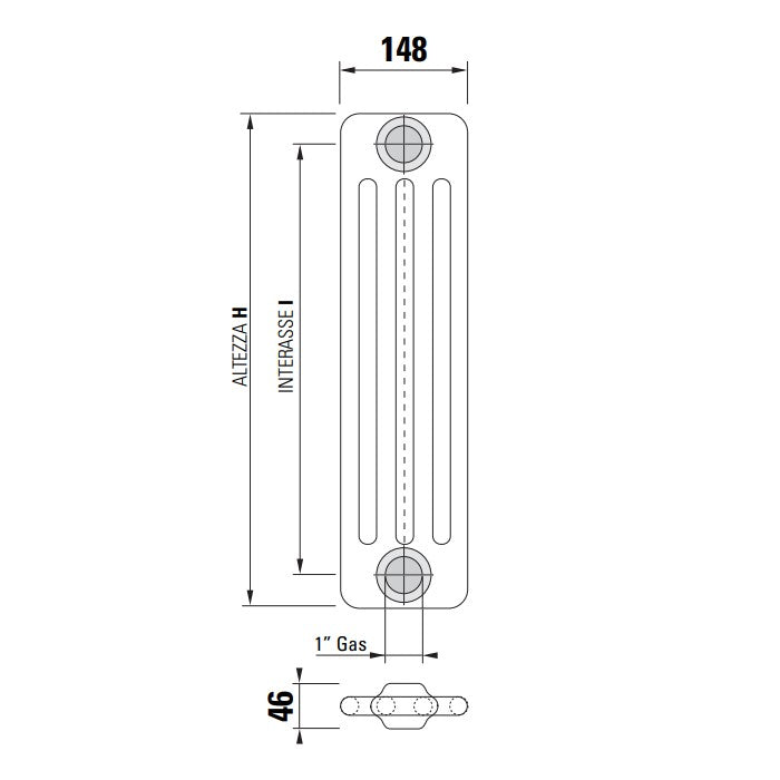 Complete battery Radiator Cordivari Ardesia tubular steel radiator 4 Columns from 3 to 16 elements h 2000 mm center distance 1944 mm caps and reductions including 16 elements h. 2000