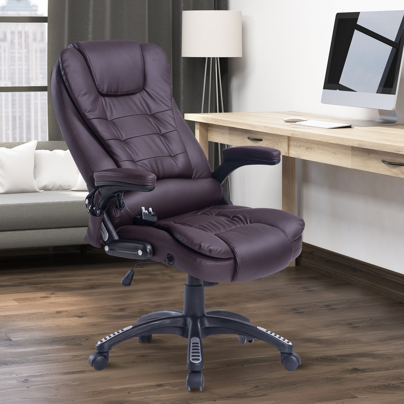 Easycomfort Poltrona Massaggiante da Ufficio ad Altezza Regolabile with 6 Punti Massaggianti, in PU, 62x68x111-121 cm, Marrone