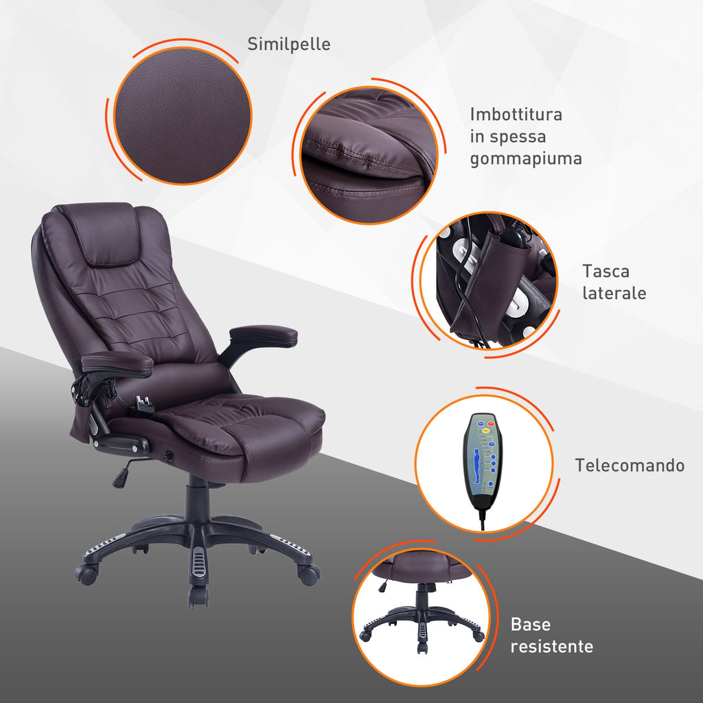 Easycomfort Poltrona Massaggiante da Ufficio ad Altezza Regolabile with 6 Punti Massaggianti, in PU, 62x68x111-121 cm, Marrone