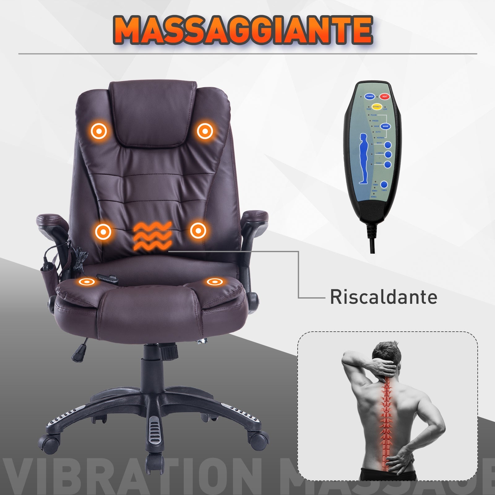 Easycomfort Poltrona Massaggiante da Ufficio ad Altezza Regolabile with 6 Punti Massaggianti, in PU, 62x68x111-121 cm, Marrone