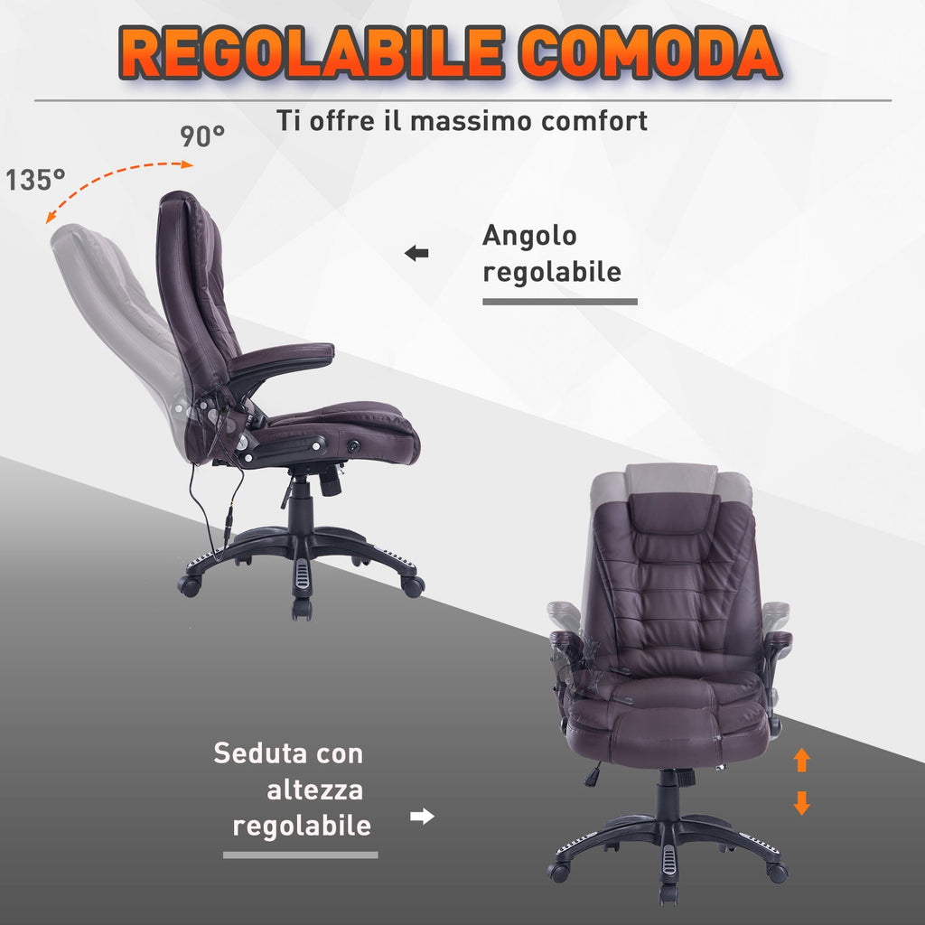 Easycomfort Poltrona Massaggiante da Ufficio ad Altezza Regolabile with 6 Punti Massaggianti, in PU, 62x68x111-121 cm, Marrone