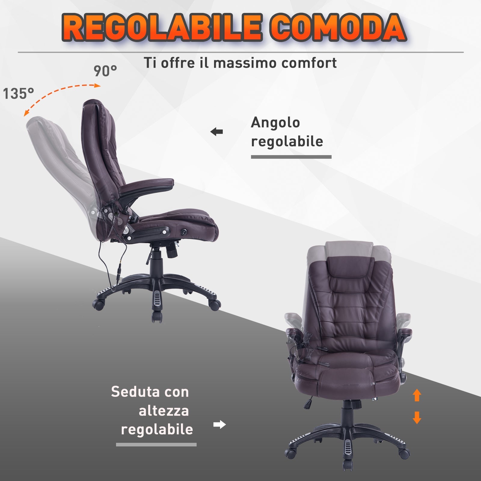 Easycomfort Poltrona Massaggiante da Ufficio ad Altezza Regolabile with 6 Punti Massaggianti, in PU, 62x68x111-121 cm, Marrone