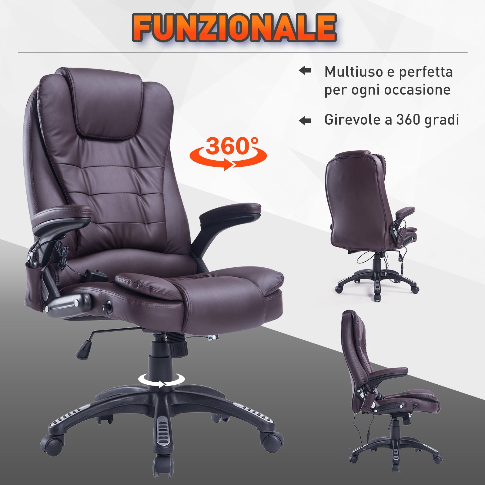 Easycomfort Poltrona Massaggiante da Ufficio ad Altezza Regolabile with 6 Punti Massaggianti, in PU, 62x68x111-121 cm, Marrone