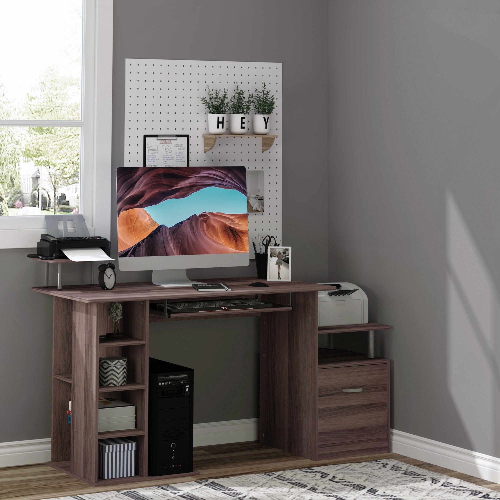 Easycomfort Scrivania per Computer Moderna with Cassetti, Ripiani e Tastiera Estraibile, Scrivania da Ufficio per Casa in Legno Marrone 152x60x88cm