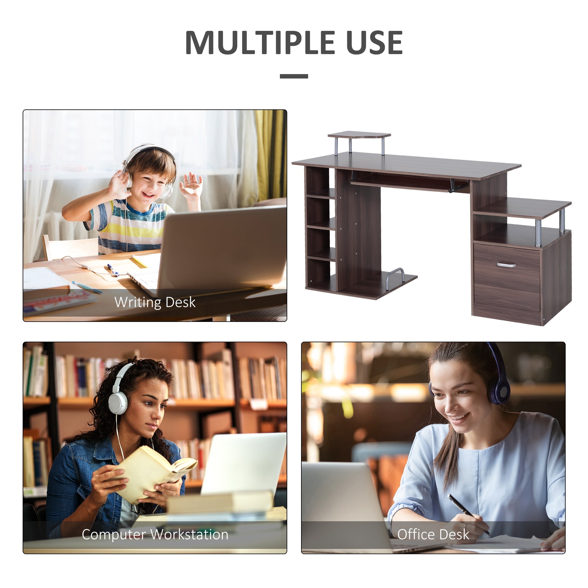 Easycomfort Scrivania per Computer Moderna with Cassetti, Ripiani e Tastiera Estraibile, Scrivania da Ufficio per Casa in Legno Marrone 152x60x88cm