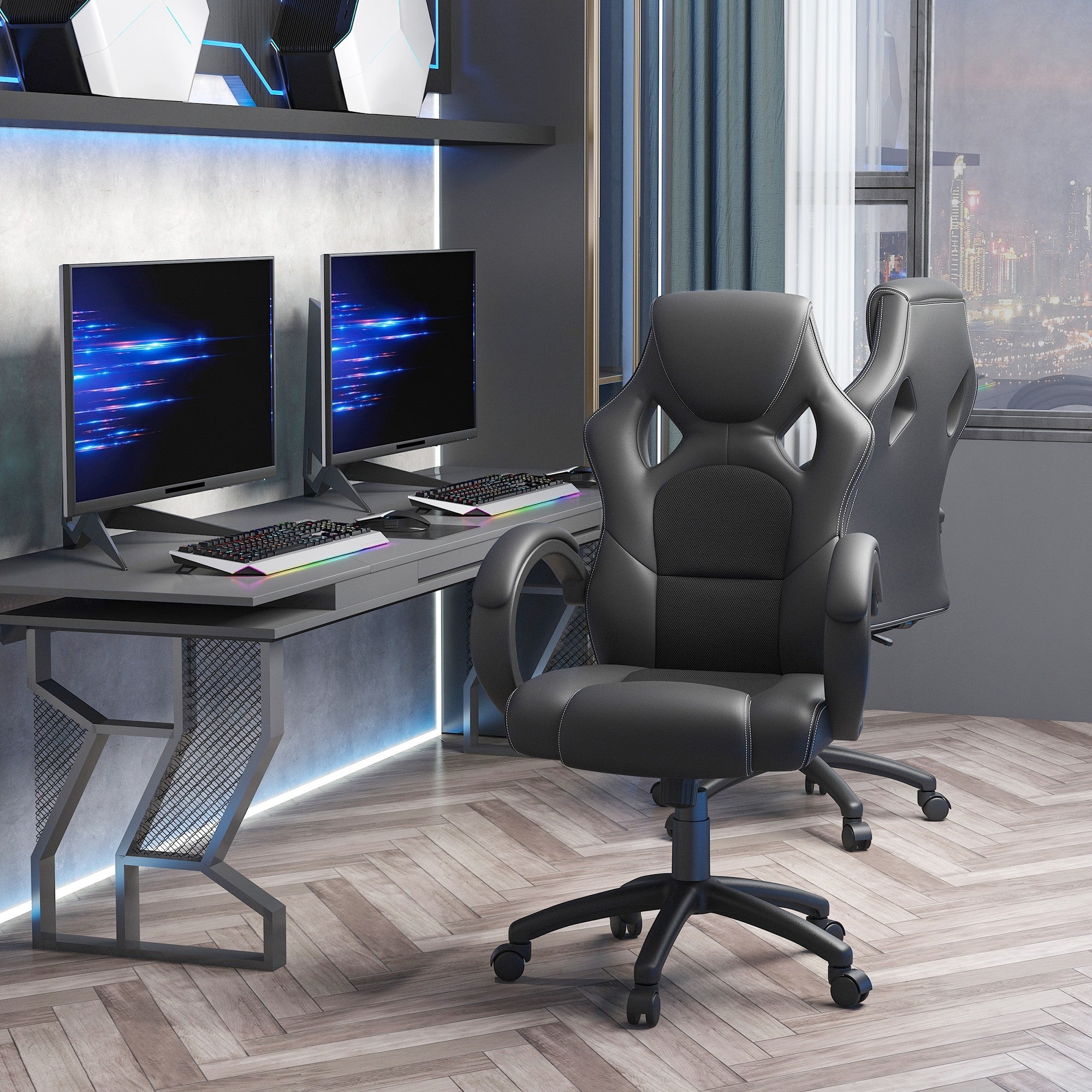 Easycomfort Sedia da Gaming ad Altezza Regolabile, Sedia da Ufficio with Funzione a Dondolo, Girevole e Reclinabile, 71x61x108-118 cm, Nera