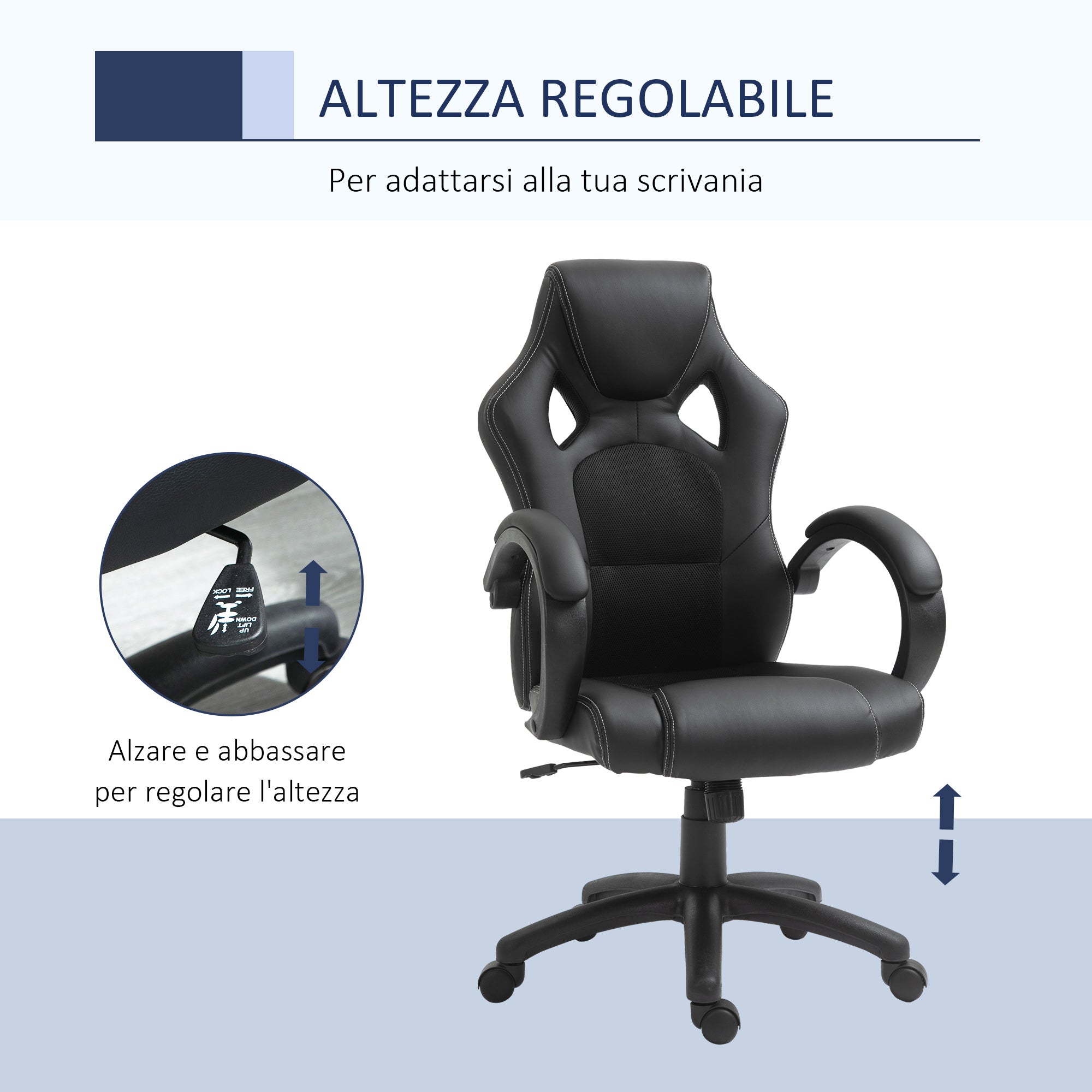 Easycomfort Sedia da Gaming ad Altezza Regolabile, Sedia da Ufficio with Funzione a Dondolo, Girevole e Reclinabile, 71x61x108-118 cm, Nera