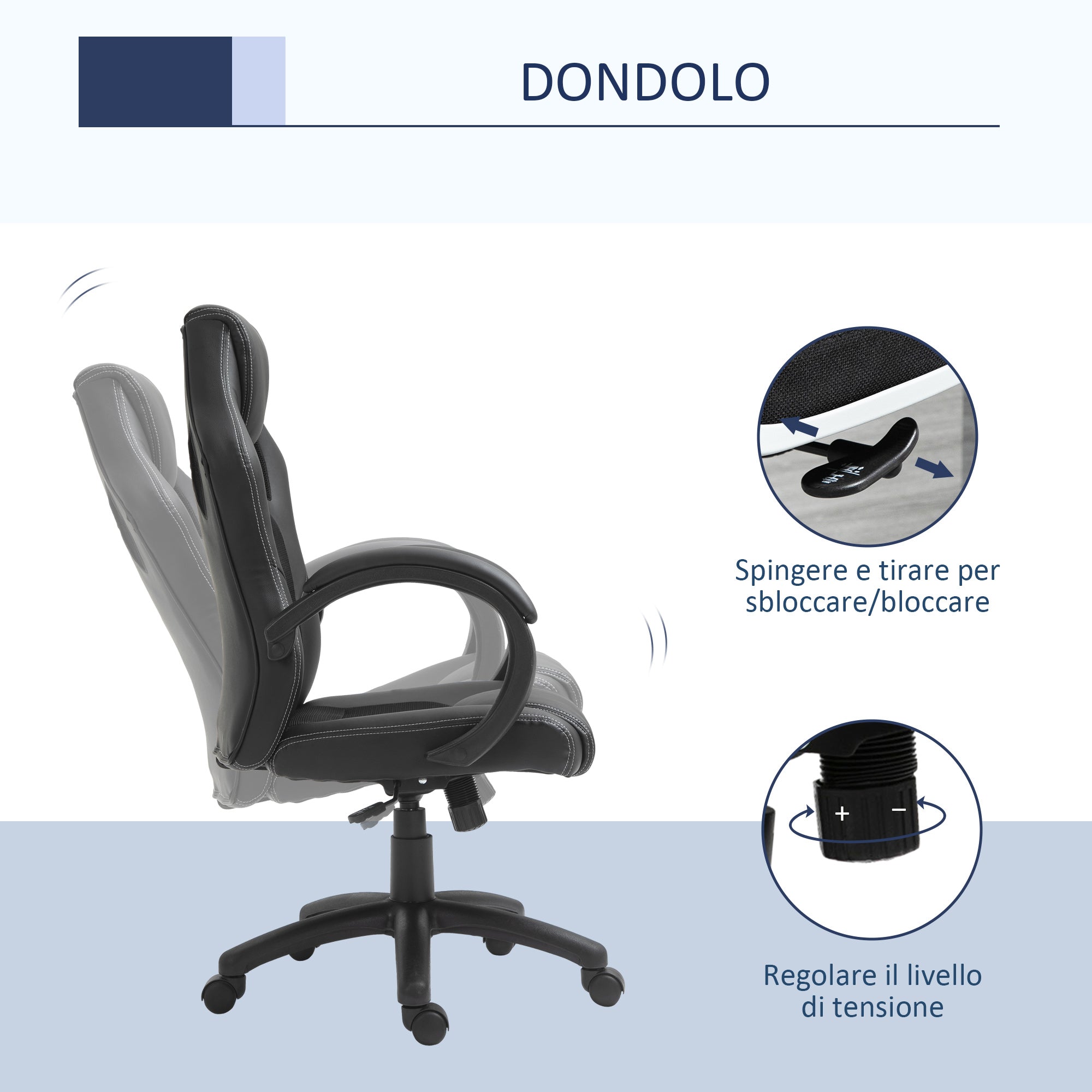 Easycomfort Sedia da Gaming ad Altezza Regolabile, Sedia da Ufficio with Funzione a Dondolo, Girevole e Reclinabile, 71x61x108-118 cm, Nera