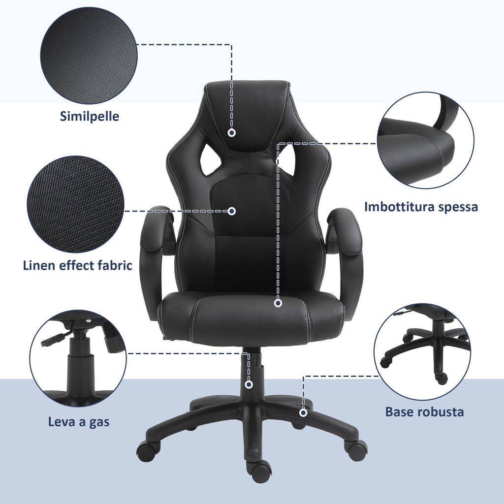 Easycomfort Sedia da Gaming ad Altezza Regolabile, Sedia da Ufficio with Funzione a Dondolo, Girevole e Reclinabile, 71x61x108-118 cm, Nera