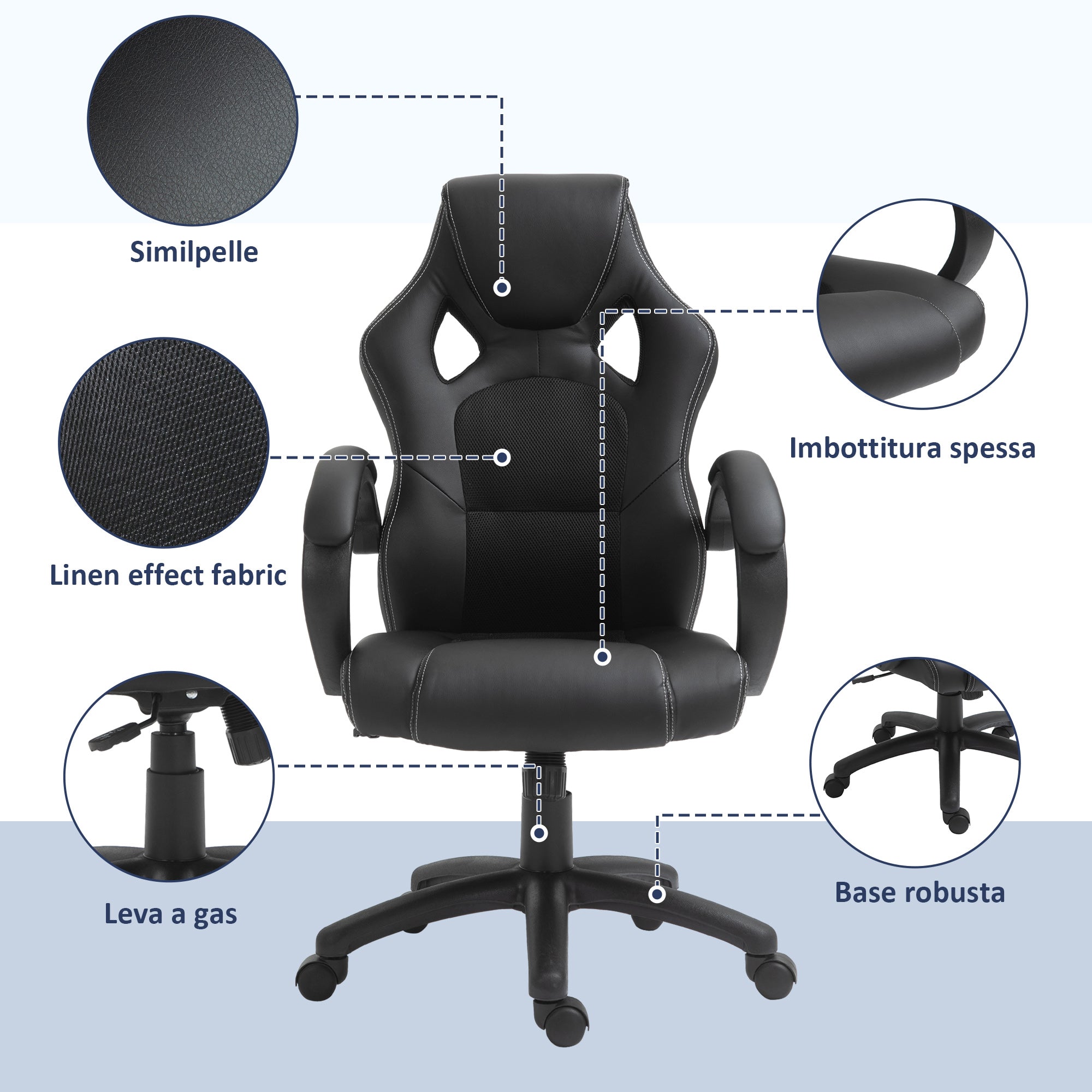 Easycomfort Sedia da Gaming ad Altezza Regolabile, Sedia da Ufficio with Funzione a Dondolo, Girevole e Reclinabile, 71x61x108-118 cm, Nera