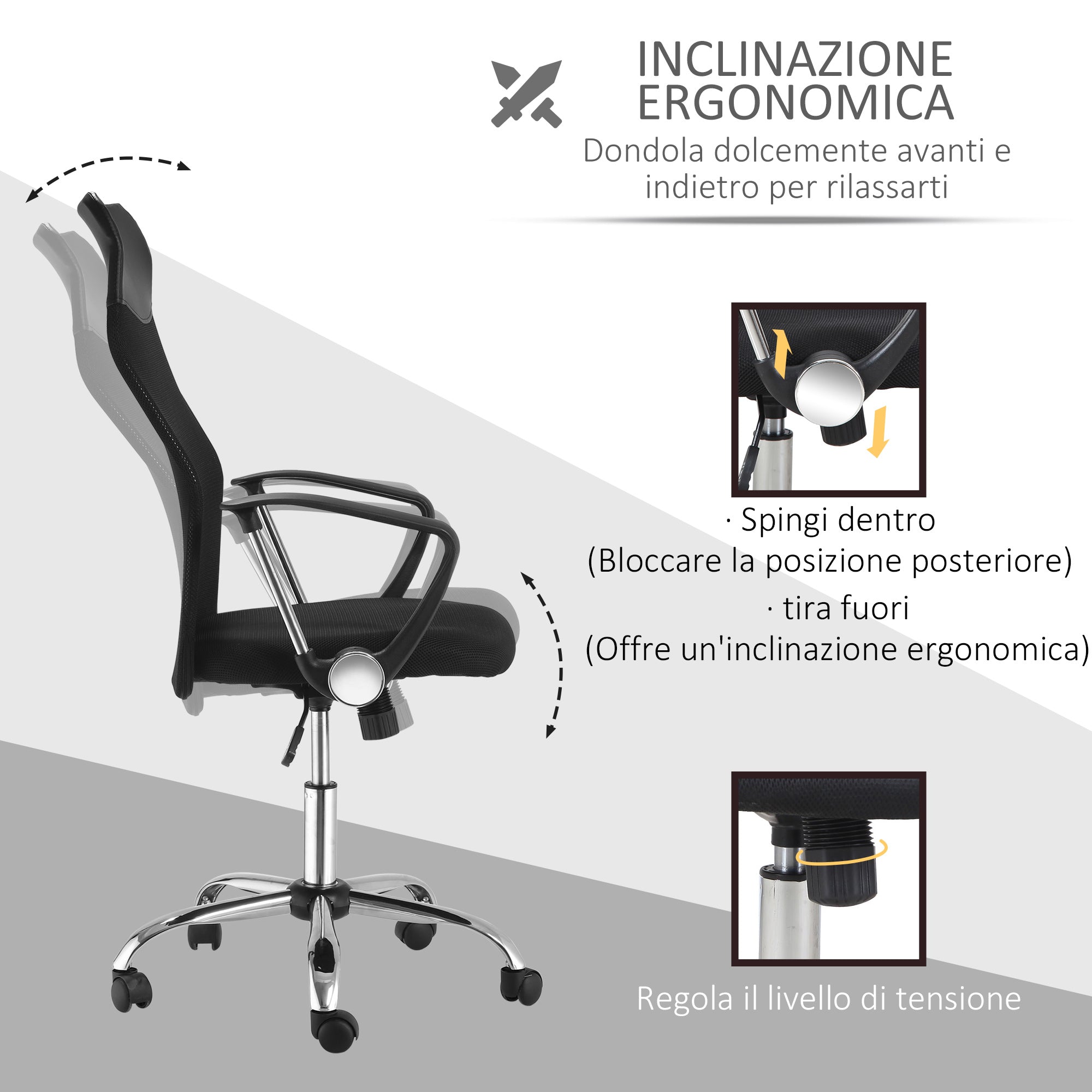 Easycomfort Sedia Ergonomica da Ufficio Girevole e Dondolo with Ruote, Altezza Regolabile e Schienale a Rete, 63x65x109-119cm black