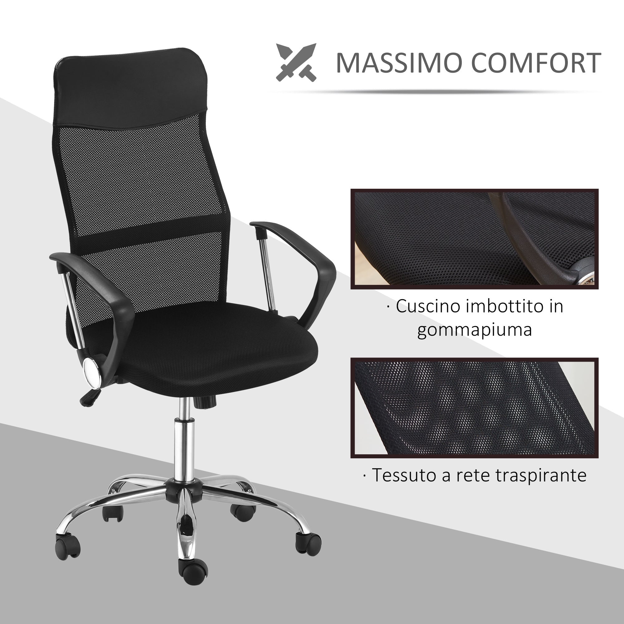 Easycomfort Sedia Ergonomica da Ufficio Girevole e Dondolo with Ruote, Altezza Regolabile e Schienale a Rete, 63x65x109-119cm black