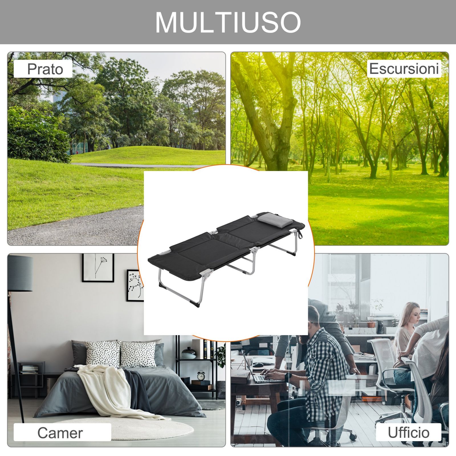 Easycomfort Letto da Campeggio, Brandina Pieghevole e Imbottita with Cuscino, black 183 x 66 x 33cm