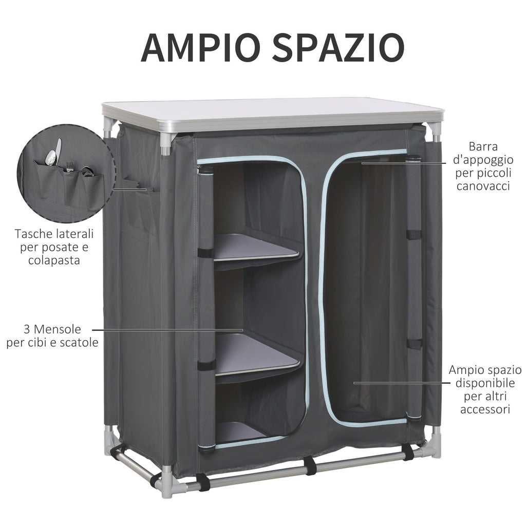 Easycomfort Cucina da Campeggio Doppio Armadietto, 3 Mensole e Sacca di Trasporto, Telaio Alluminio 96Lx49.5Px104cm Grigio