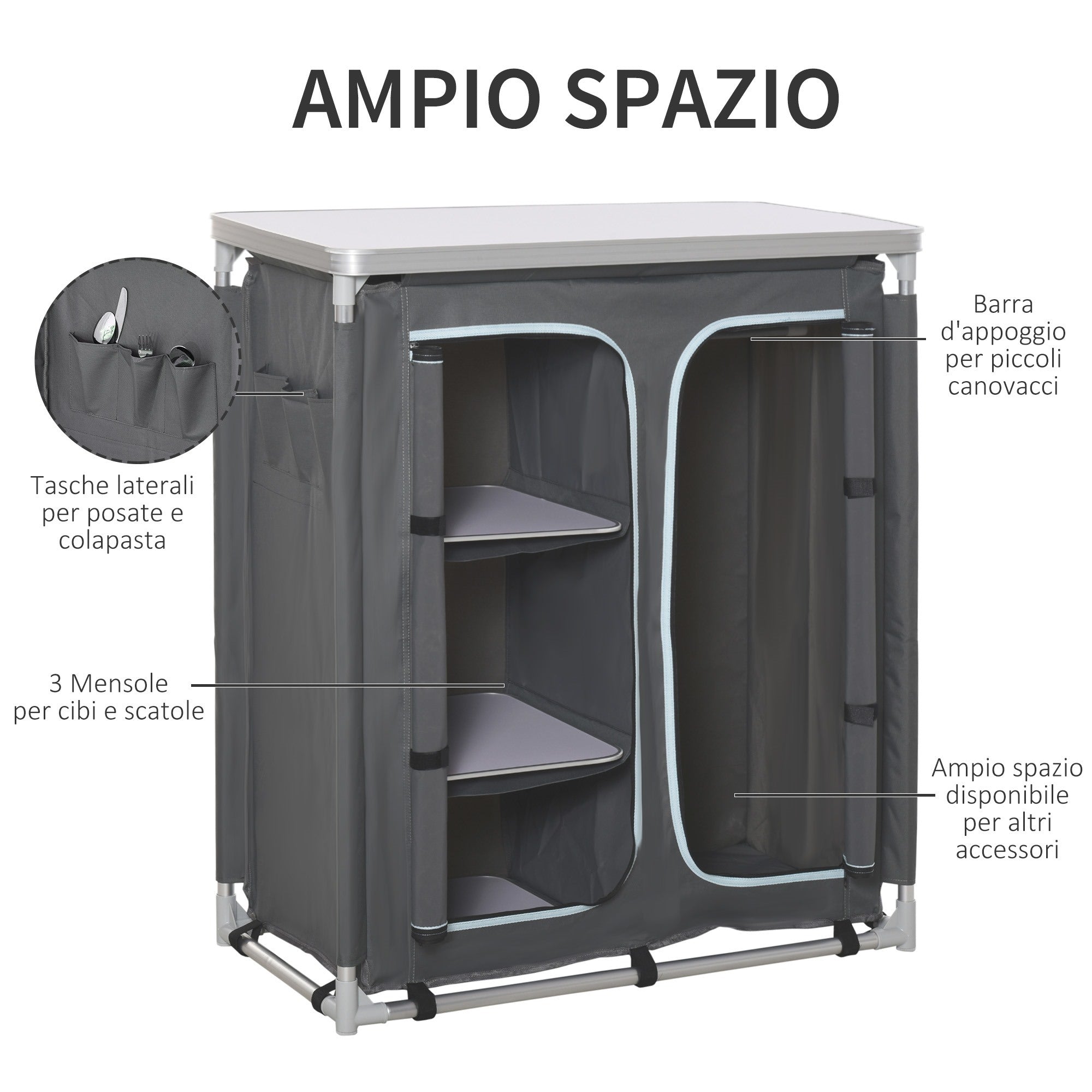 Easycomfort Cucina da Campeggio Doppio Armadietto, 3 Mensole e Sacca di Trasporto, Telaio Alluminio 96Lx49.5Px104cm Grigio