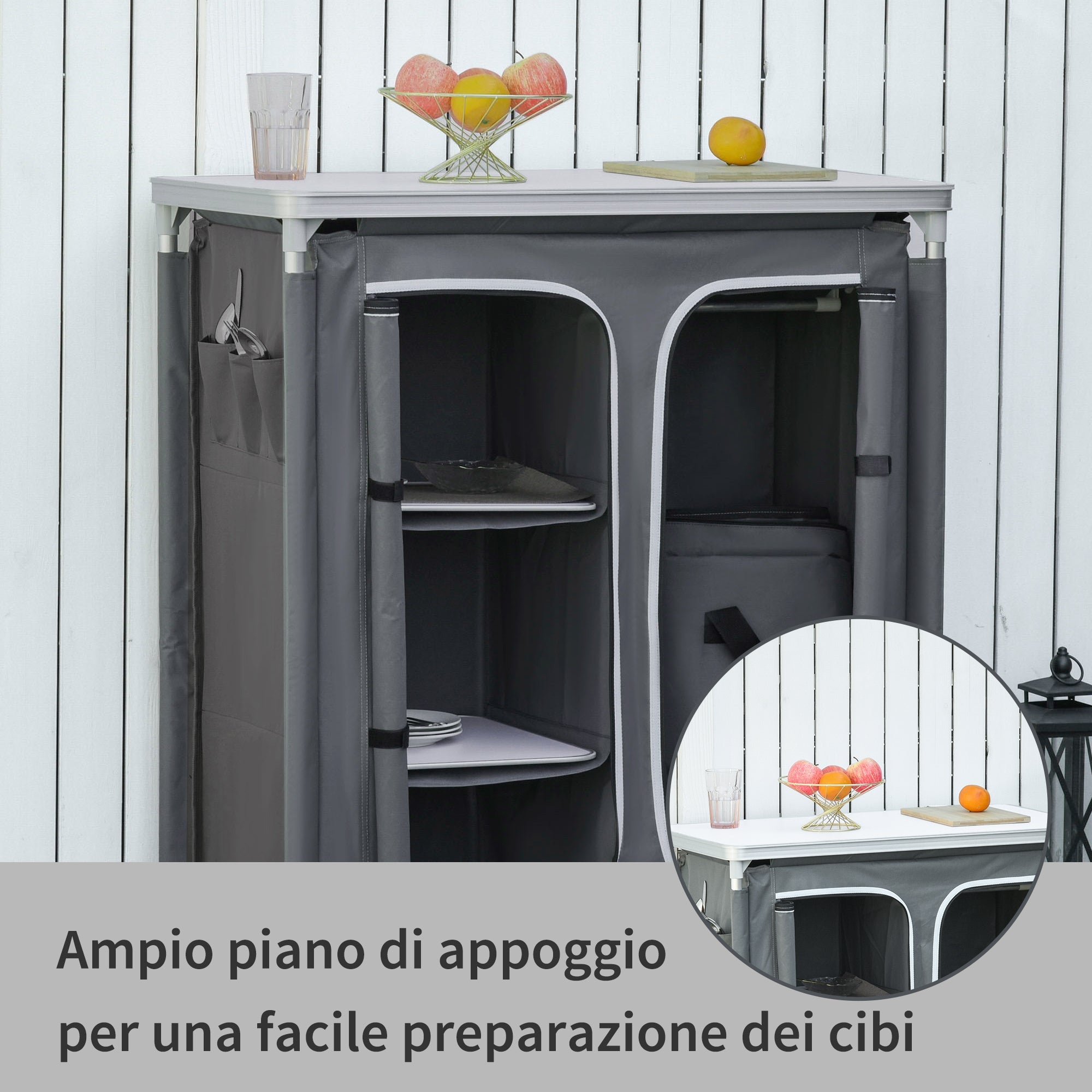 Easycomfort Cucina da Campeggio Doppio Armadietto, 3 Mensole e Sacca di Trasporto, Telaio Alluminio 96Lx49.5Px104cm Grigio