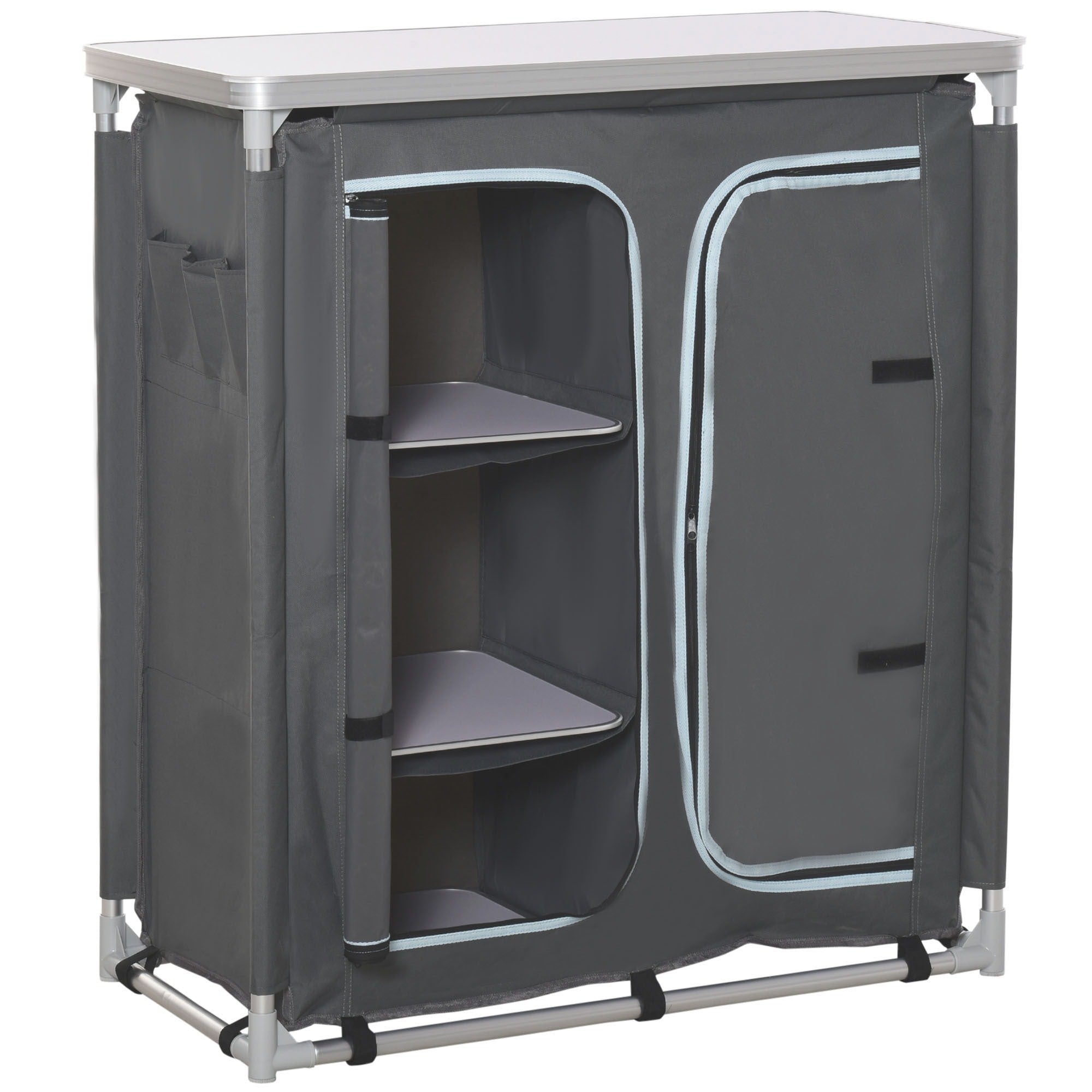 Easycomfort Cucina da Campeggio Doppio Armadietto, 3 Mensole e Sacca di Trasporto, Telaio Alluminio 96Lx49.5Px104cm Grigio