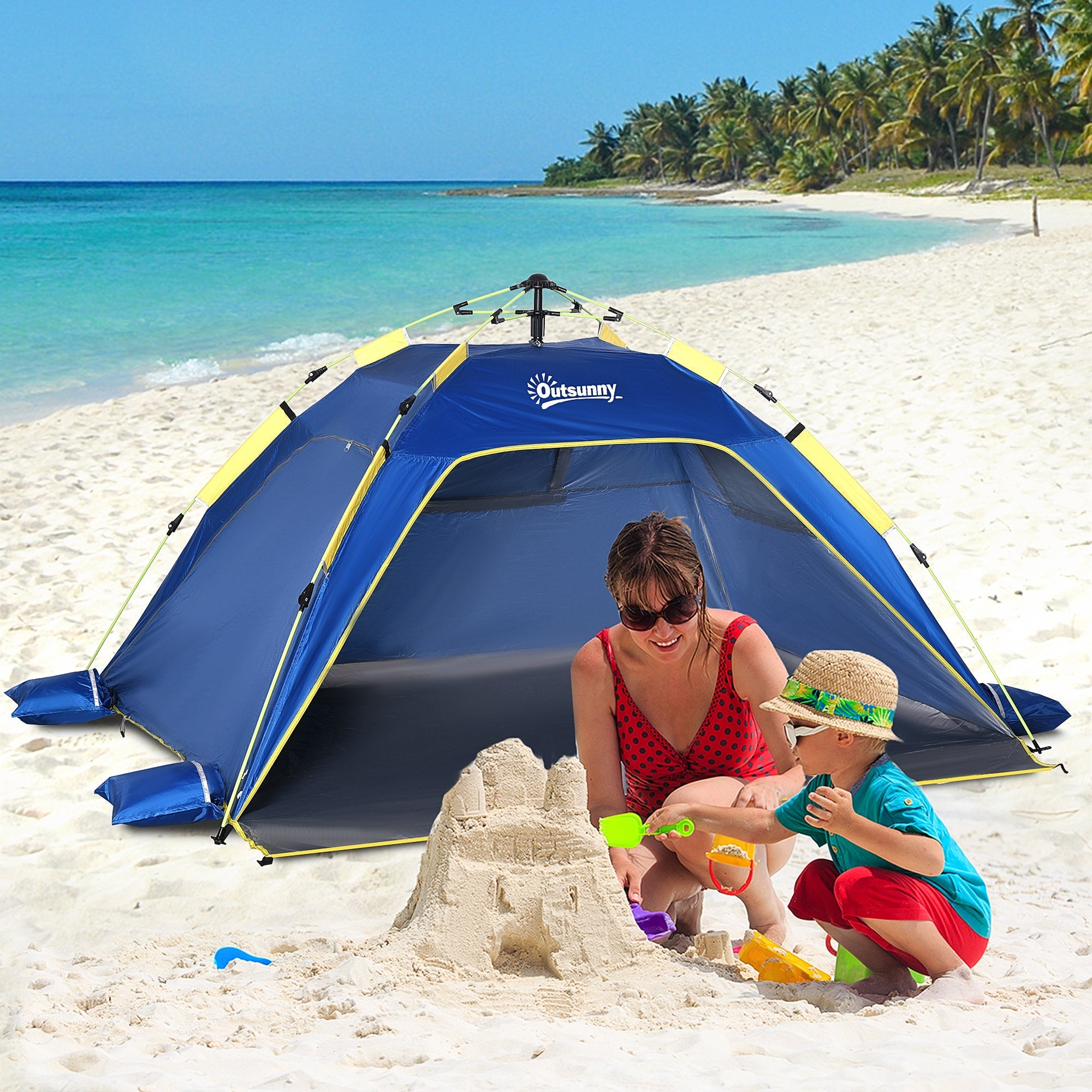 Easycomfort Tenda da Spiaggia Pop Up with 2 Finestre Traforate e Porta Richiudibile, 220x173x120cm Blue e Giallo