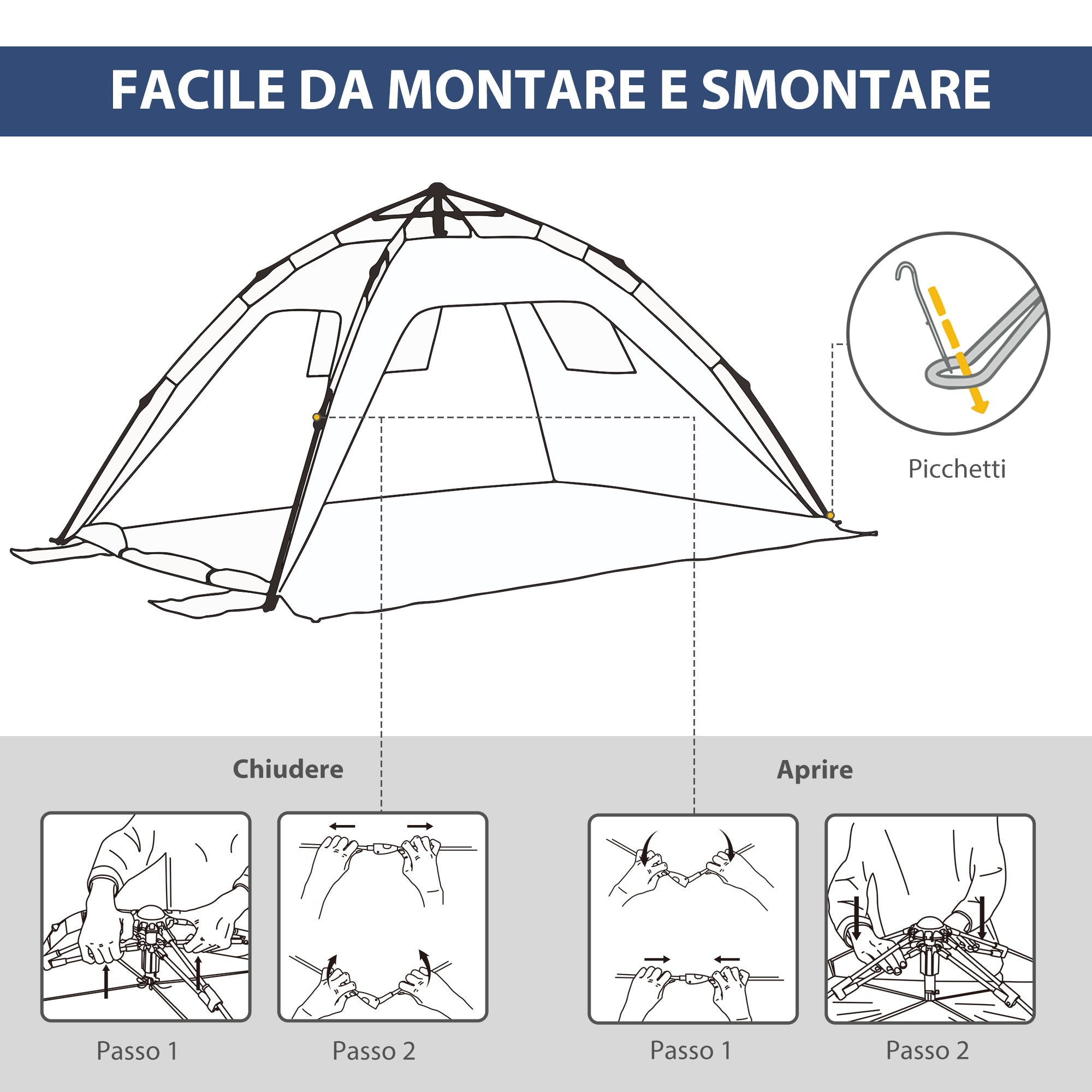 Easycomfort Tenda da Spiaggia Pop Up with 2 Finestre Traforate e Porta Richiudibile, 220x173x120cm Blue e Giallo
