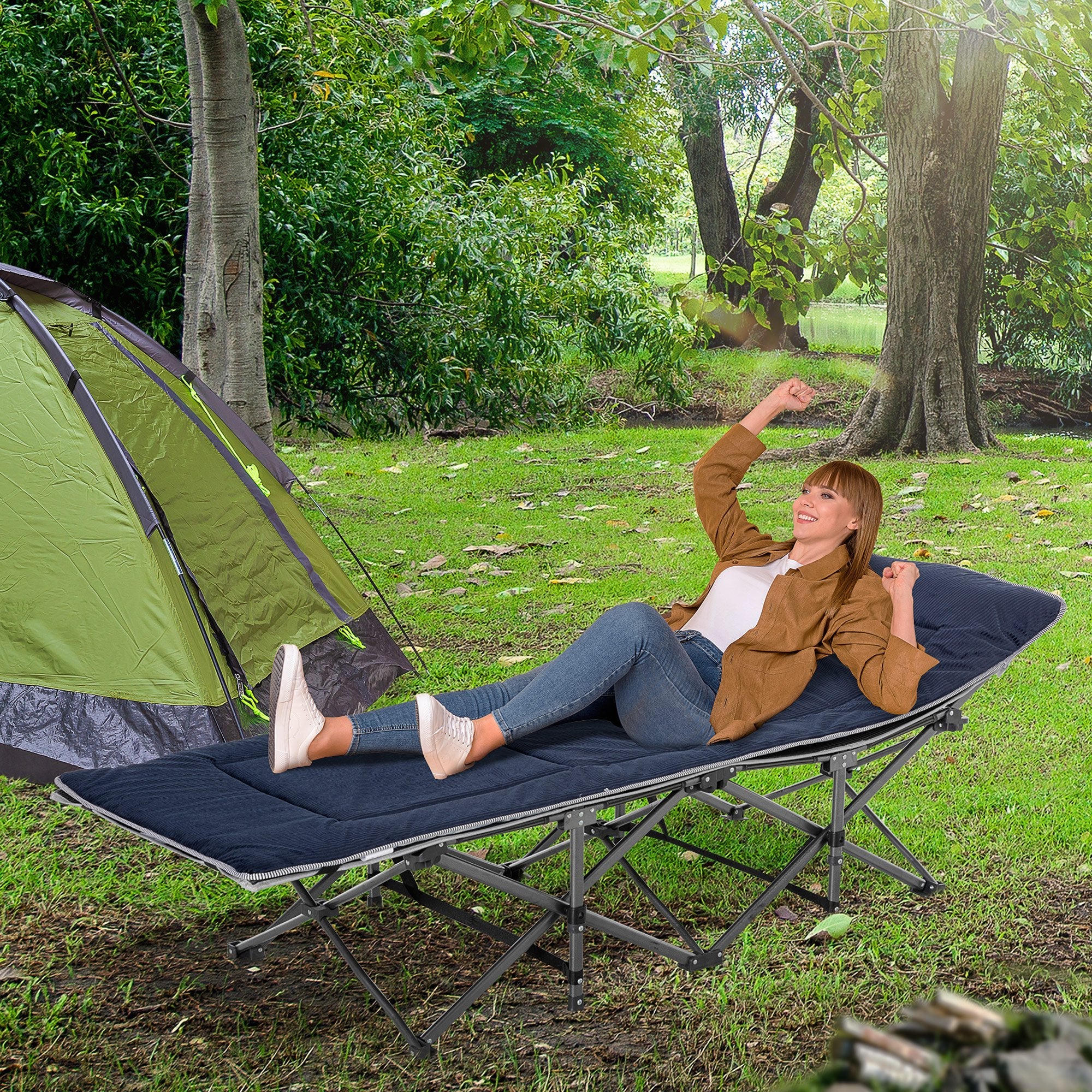 EASYCOMFORT Folding Camping Cot for Adults with Cushion and Transport Bag, 188x64.5x53cm - Blue