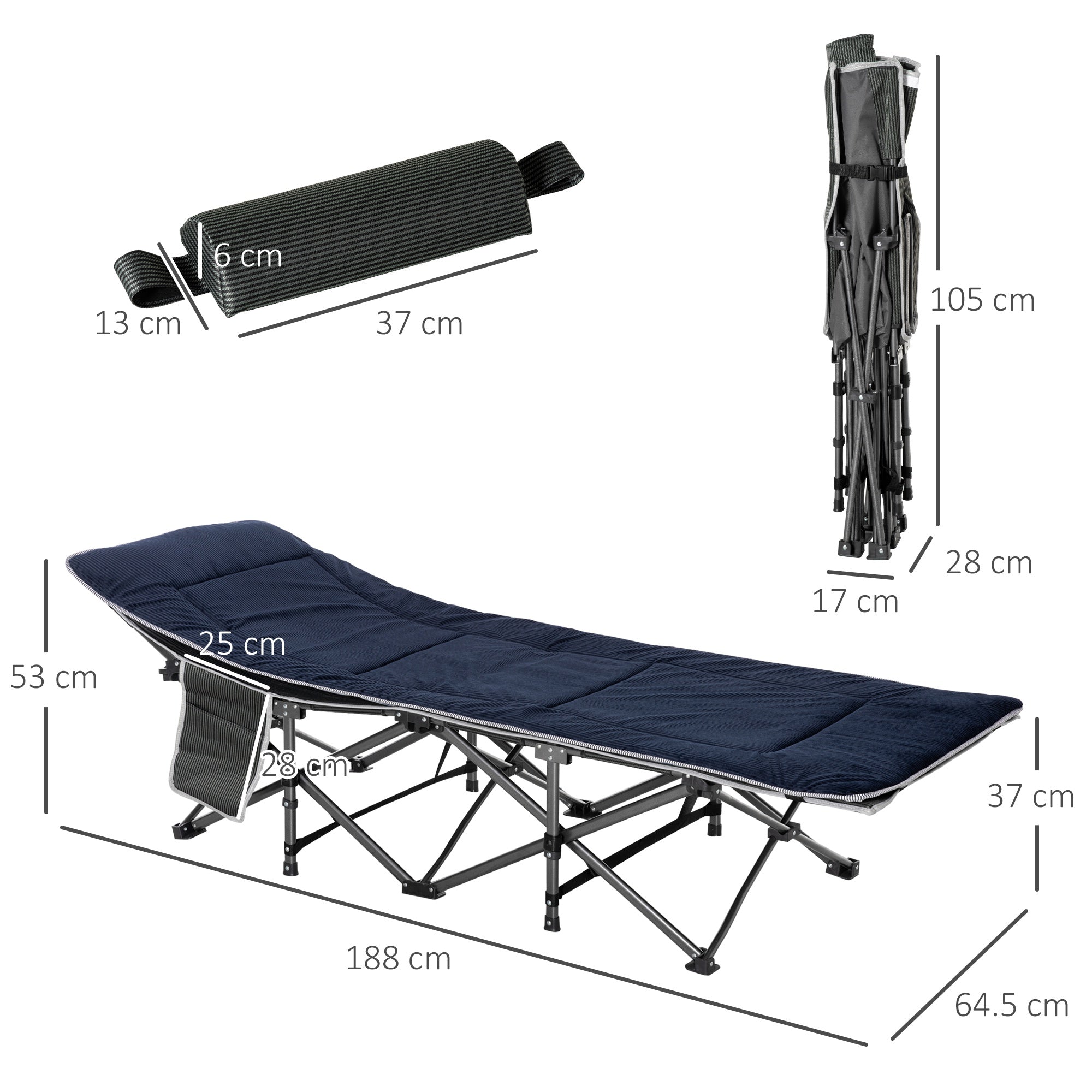 EASYCOMFORT Folding Camping Cot for Adults with Cushion and Transport Bag, 188x64.5x53cm - Blue