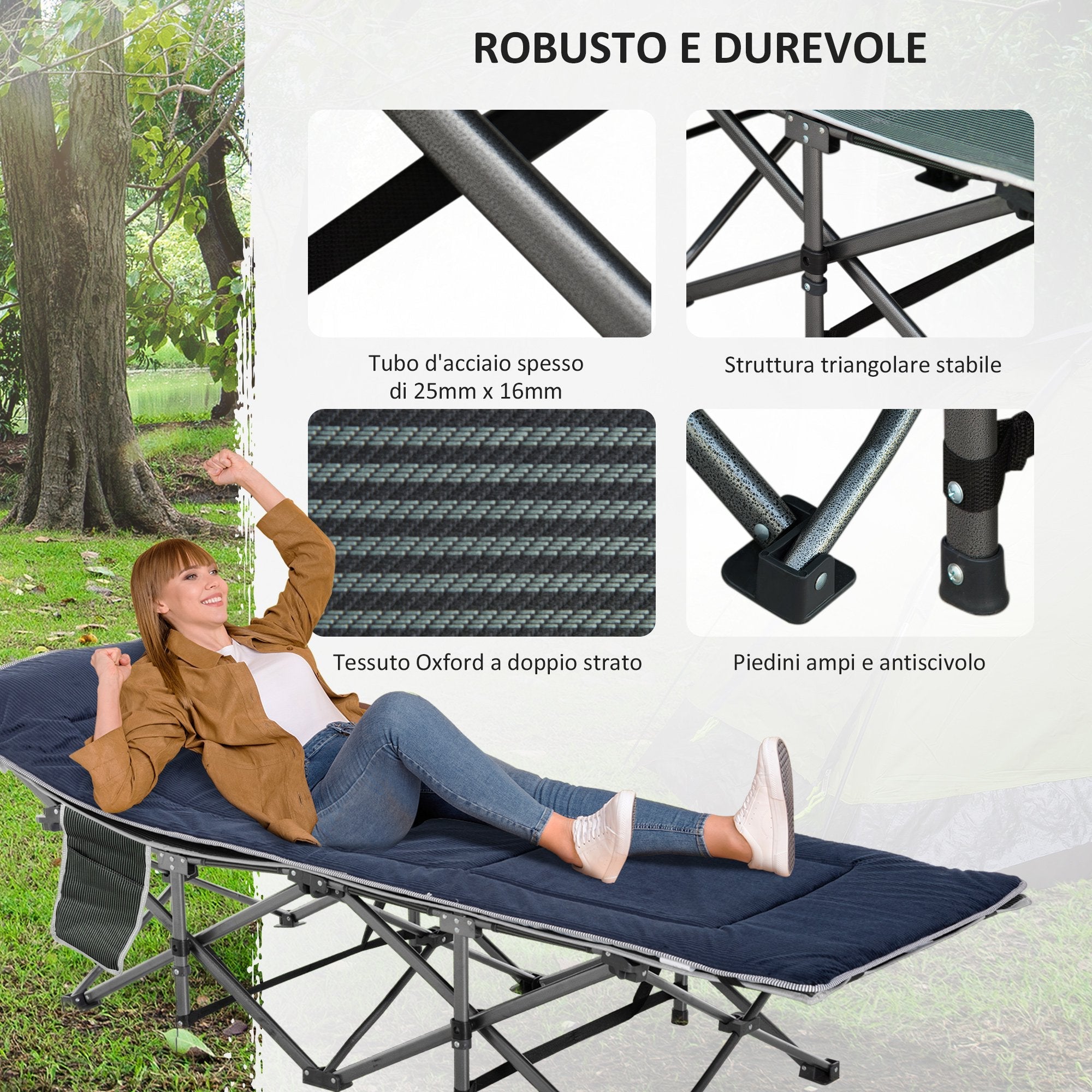 EASYCOMFORT Folding Camping Cot for Adults with Cushion and Transport Bag, 188x64.5x53cm - Blue