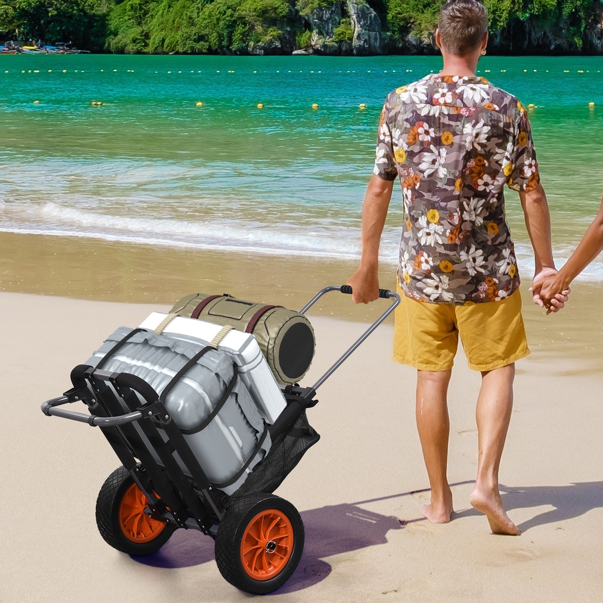 Easycomfort Carrello da Spiaggia Pieghevole with Tasca in Rete, Manico Telescopico e Cavalletto, 82x67x81 cm