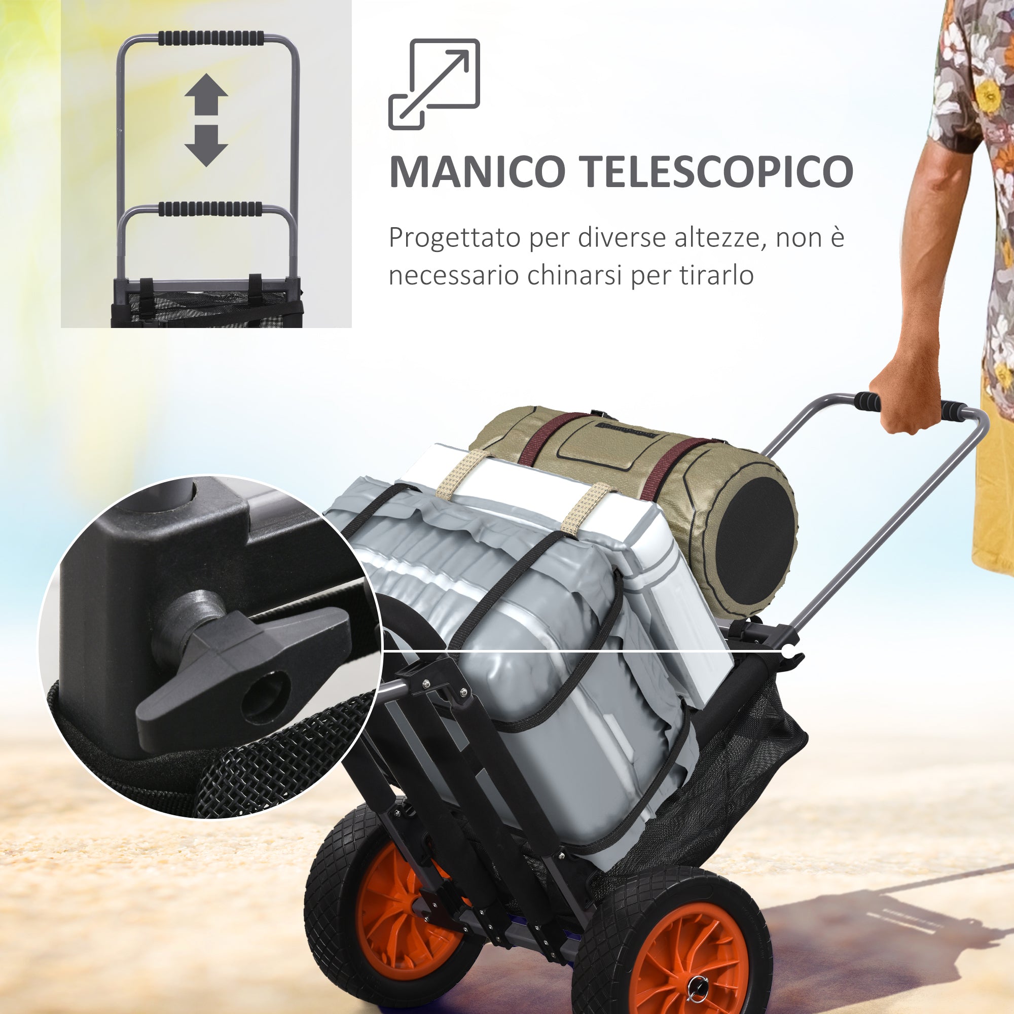 Easycomfort Carrello da Spiaggia Pieghevole with Tasca in Rete, Manico Telescopico e Cavalletto, 82x67x81 cm