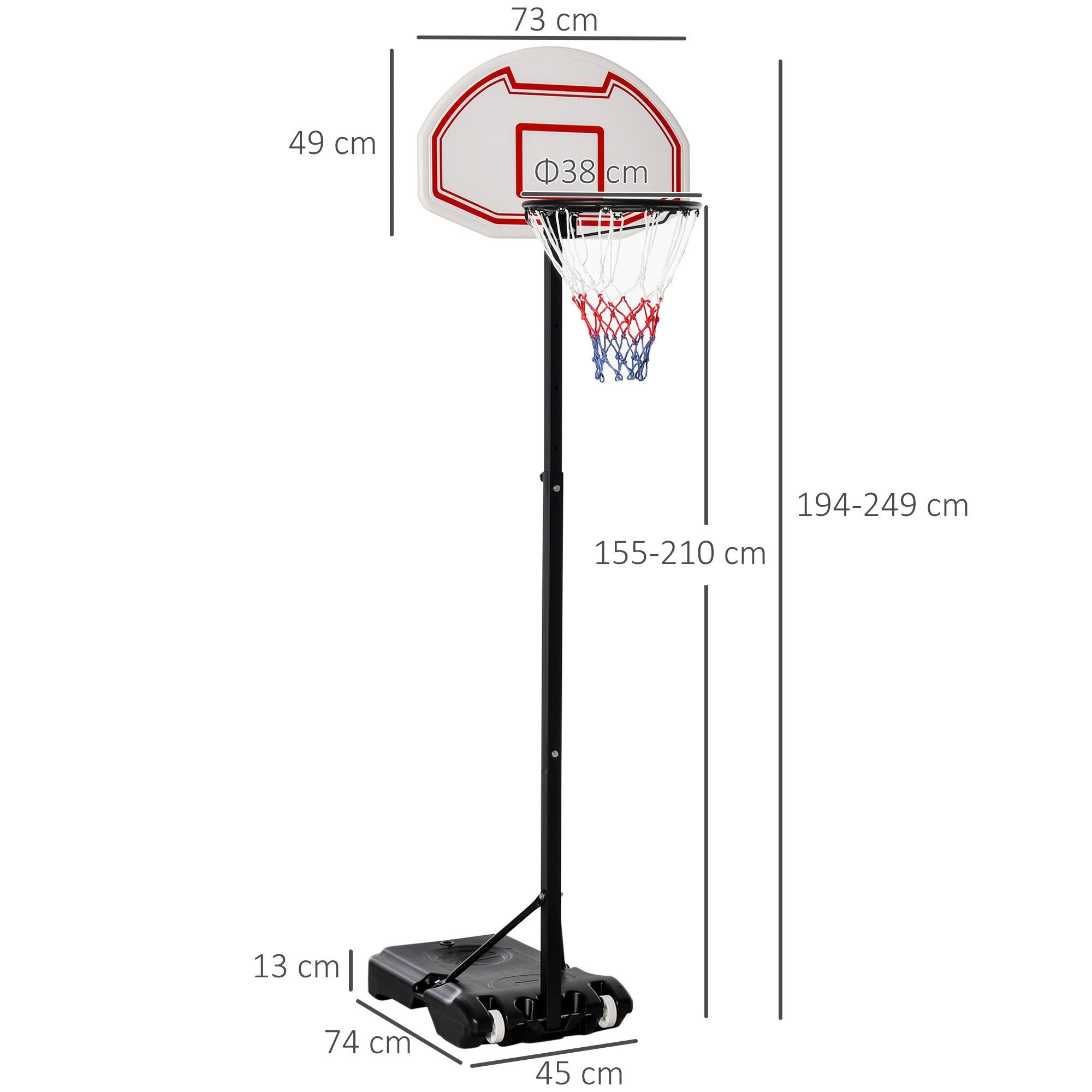 EasyComfort verstelbare basketbalstandaard 73x49x194-249 cm