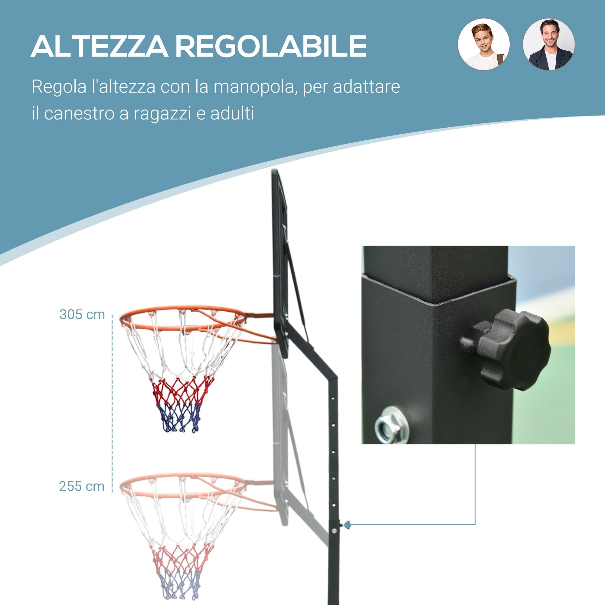 Easycomfort Canestro Basket per Adulti with Altezza Regolabile 302-352cm, Struttura in Acciaio, PE e PVC, black