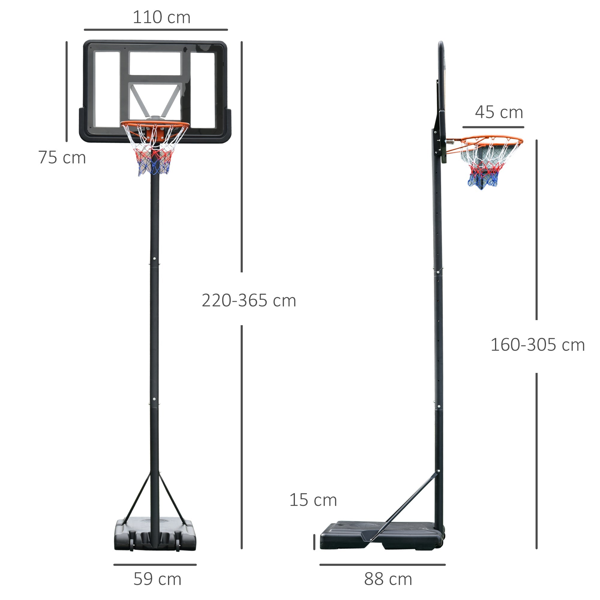 Easycomfort Canestro Basket Altezza Regolabile 160-305cm, Base with Ruote e Struttura in Acciaio, Tabellone in PVC Trasparente