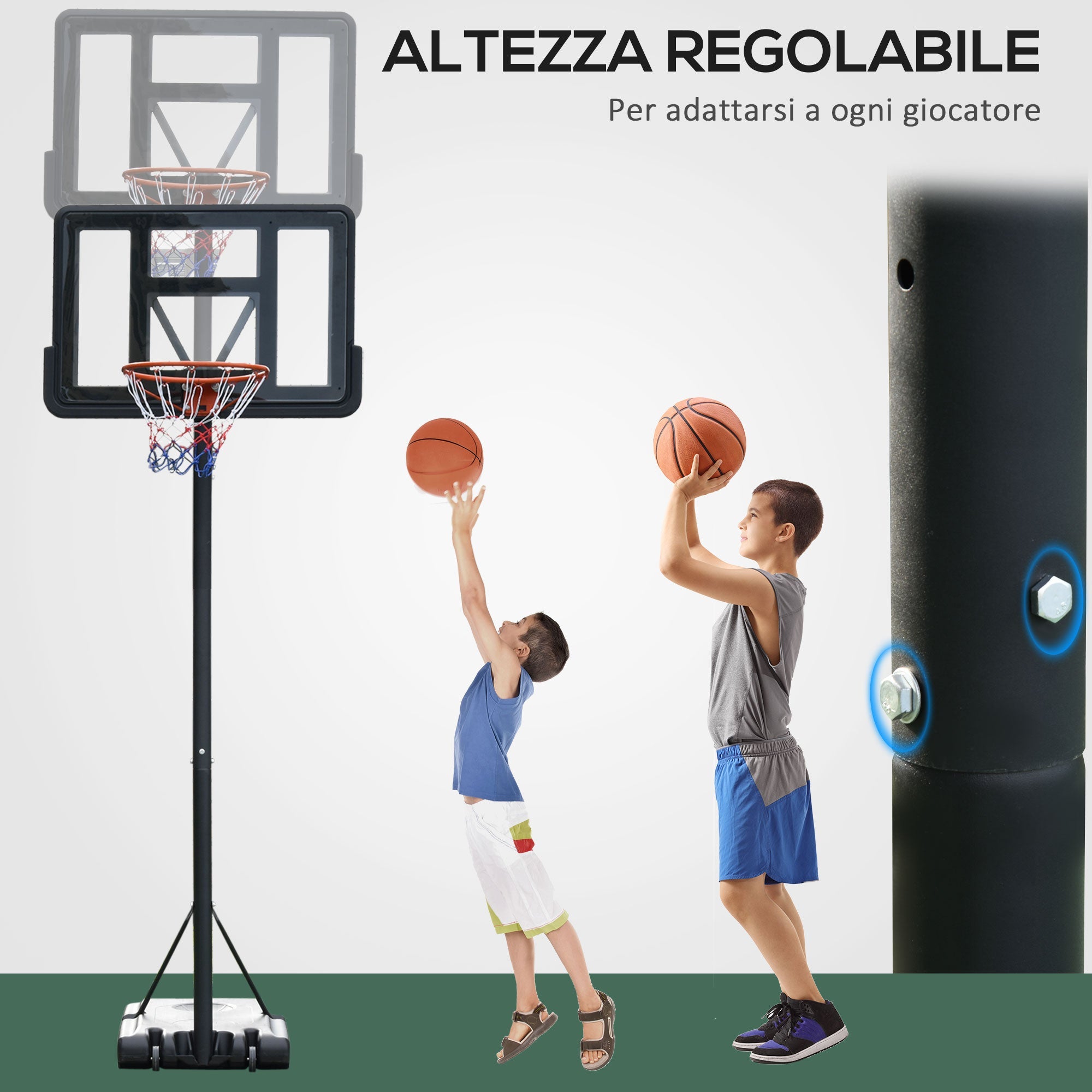 Easycomfort Canestro Basket Altezza Regolabile 160-305cm, Base with Ruote e Struttura in Acciaio, Tabellone in PVC Trasparente