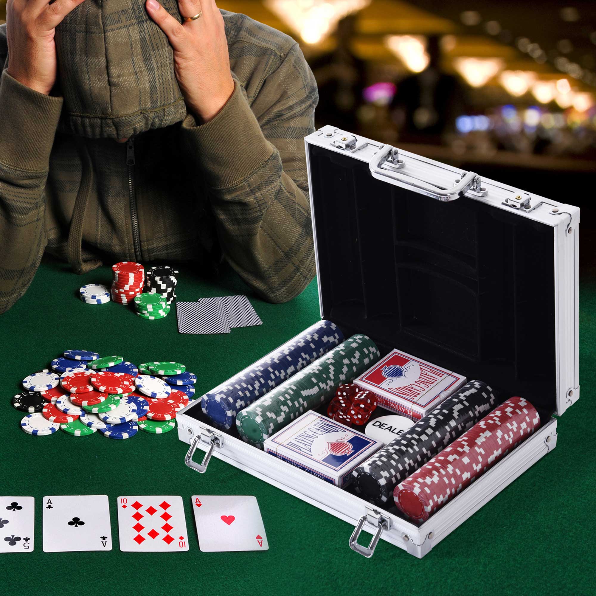 EASYCOMFORT Professional Aluminum Poker Case, Poker Set with 200 Chips and 2 Decks for Texas hold'em and Blackjack