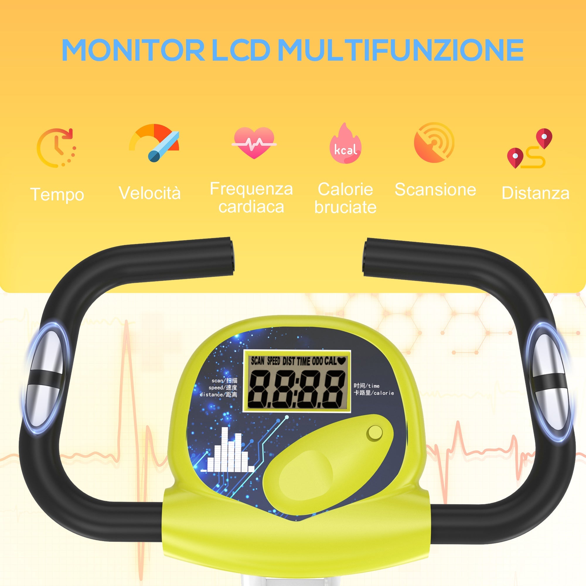 Easycomfort Cyclette Pieghevole da Fitness in Acciaio with Altezza Regolabile, Bici da spinning Resistenza Magnetica a 8 Livelli, Schermo LCD, Gialla, 43x97x109cm