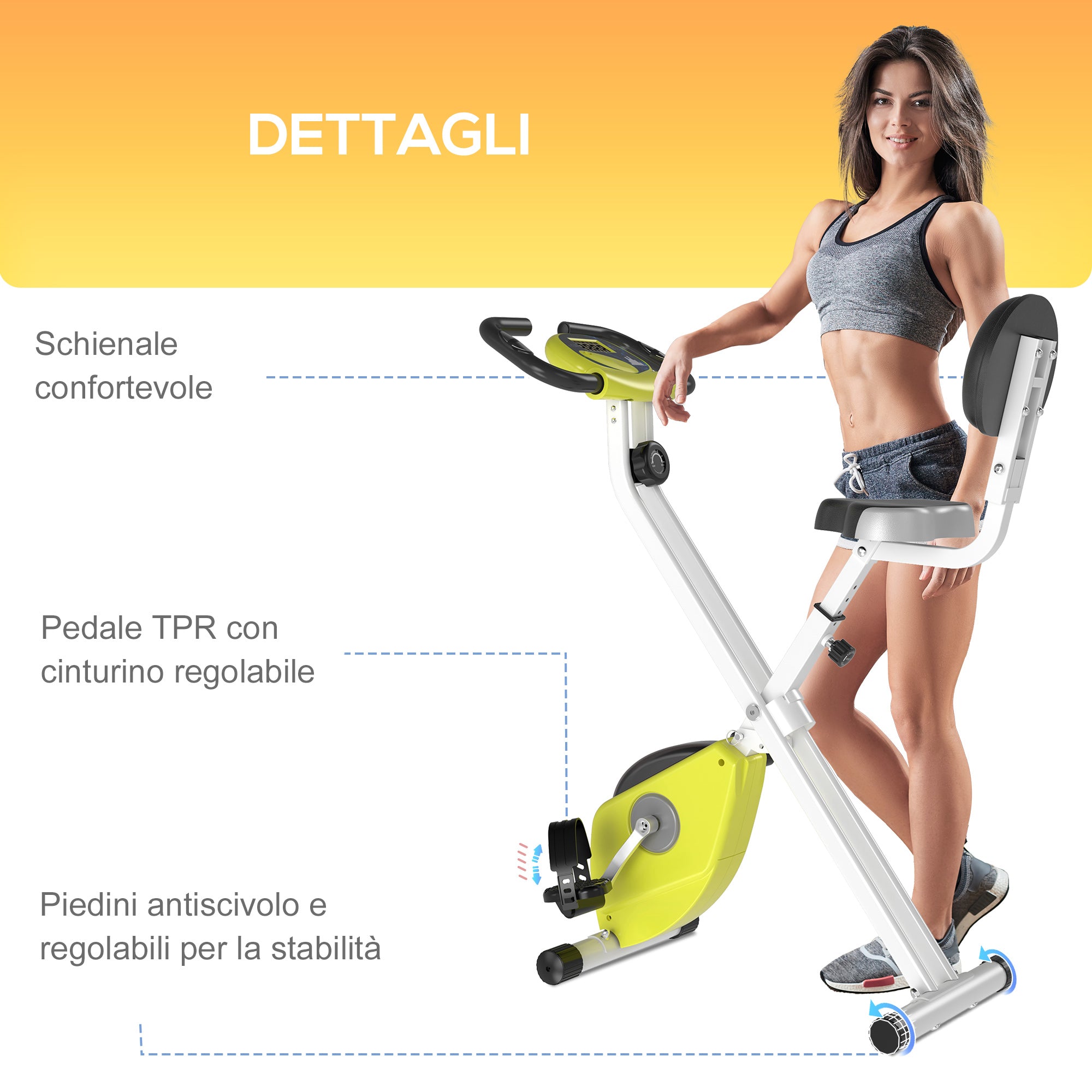 Easycomfort Cyclette Pieghevole da Fitness in Acciaio with Altezza Regolabile, Bici da spinning Resistenza Magnetica a 8 Livelli, Schermo LCD, Gialla, 43x97x109cm