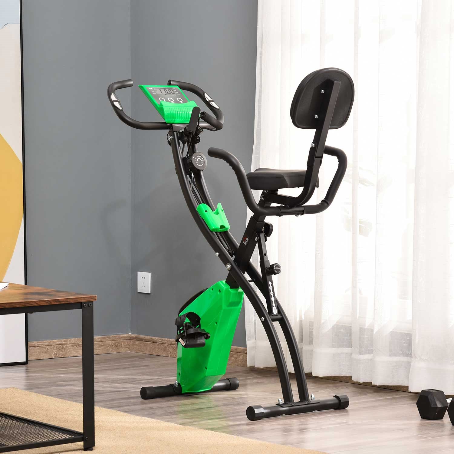 EasyComfort Cyclette Pieghevole 2 in 1, Resistenza Magnetica Regolabile 8 Livelli, Bici da Fitness with Sensore di Frequenza Cardiaca, Elastici per Braccia, Schermo LCD, Verde