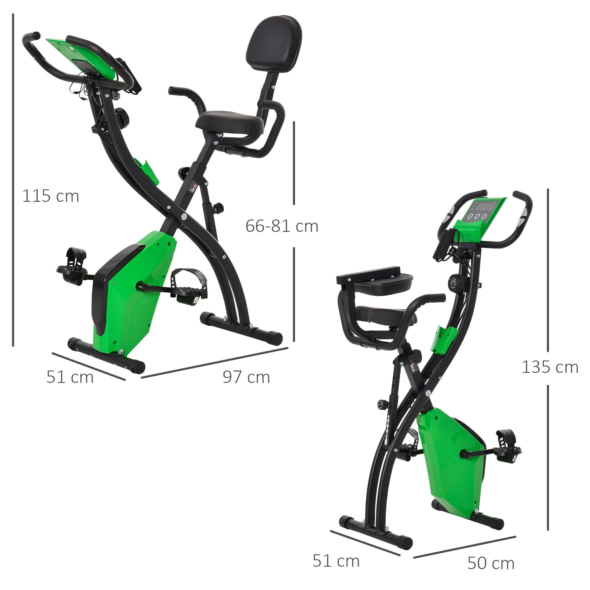 EasyComfort Cyclette Pieghevole 2 in 1, Resistenza Magnetica Regolabile 8 Livelli, Bici da Fitness with Sensore di Frequenza Cardiaca, Elastici per Braccia, Schermo LCD, Verde