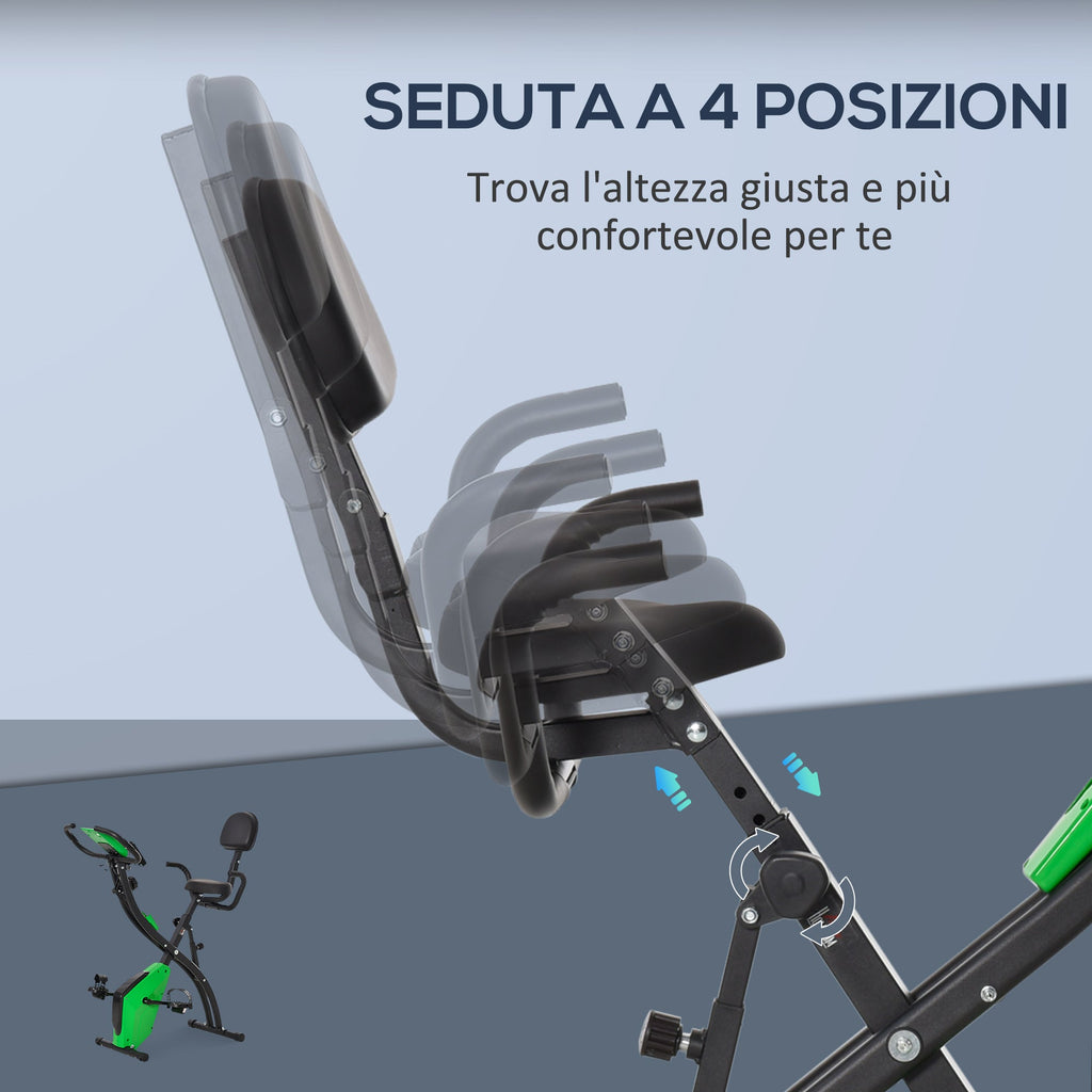 EasyComfort Cyclette Pieghevole 2 in 1, Resistenza Magnetica Regolabile 8 Livelli, Bici da Fitness with Sensore di Frequenza Cardiaca, Elastici per Braccia, Schermo LCD, Verde