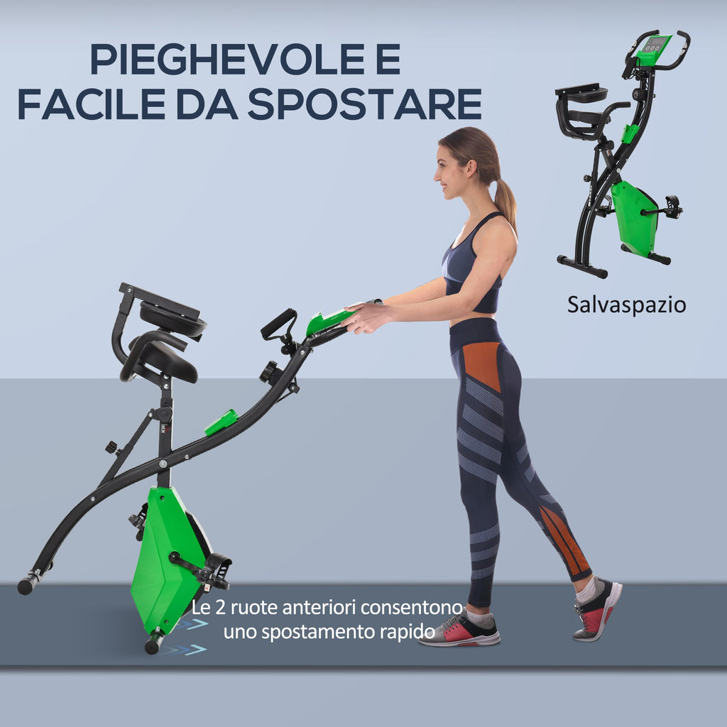 EasyComfort Cyclette Pieghevole 2 in 1, Resistenza Magnetica Regolabile 8 Livelli, Bici da Fitness with Sensore di Frequenza Cardiaca, Elastici per Braccia, Schermo LCD, Verde