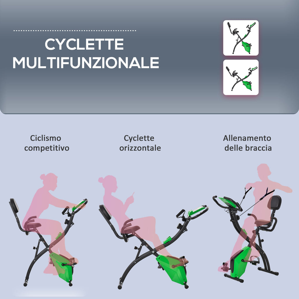 EasyComfort Cyclette Pieghevole 2 in 1, Resistenza Magnetica Regolabile 8 Livelli, Bici da Fitness with Sensore di Frequenza Cardiaca, Elastici per Braccia, Schermo LCD, Verde