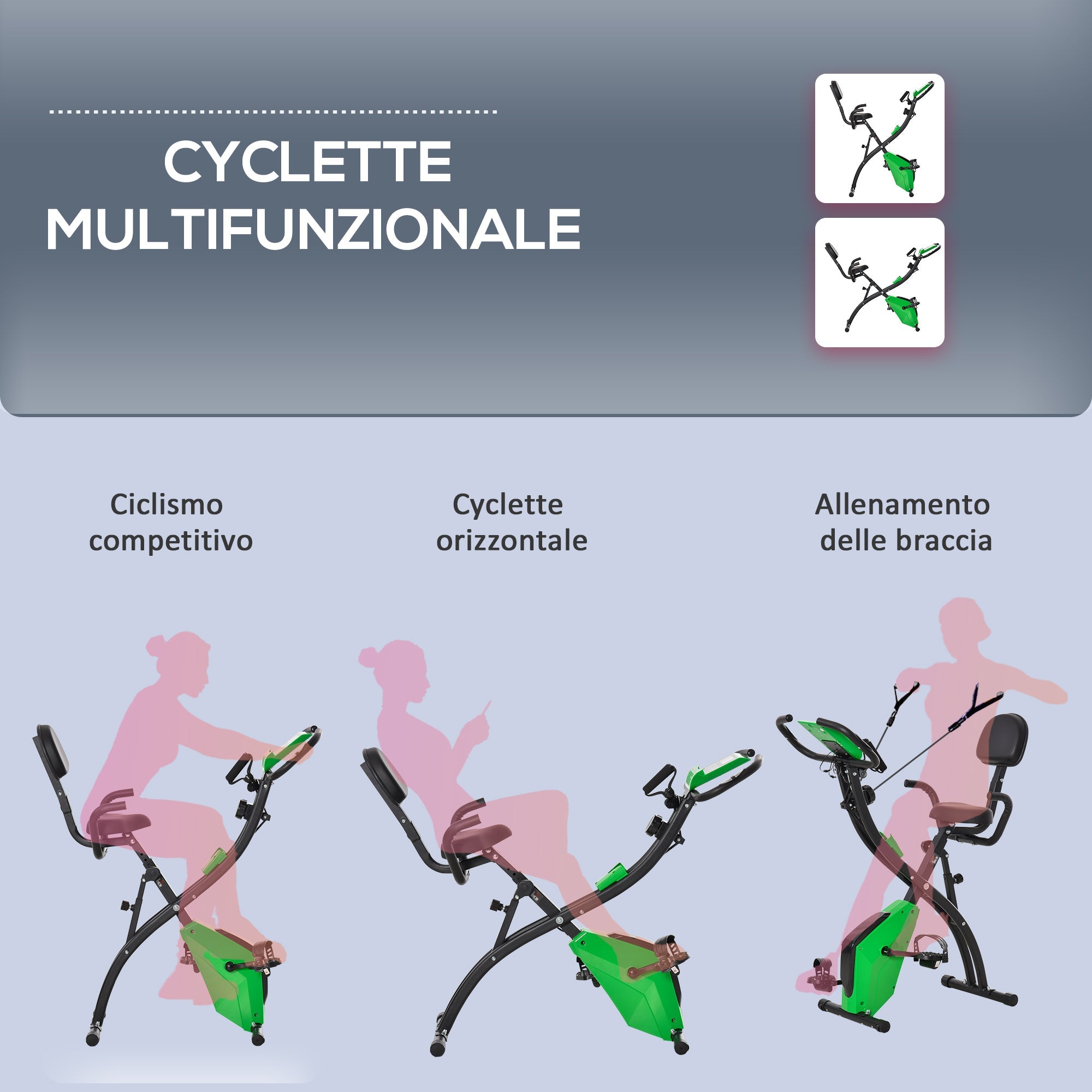 EasyComfort Cyclette Pieghevole 2 in 1, Resistenza Magnetica Regolabile 8 Livelli, Bici da Fitness with Sensore di Frequenza Cardiaca, Elastici per Braccia, Schermo LCD, Verde