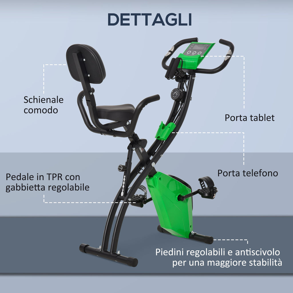 EasyComfort Cyclette Pieghevole 2 in 1, Resistenza Magnetica Regolabile 8 Livelli, Bici da Fitness with Sensore di Frequenza Cardiaca, Elastici per Braccia, Schermo LCD, Verde