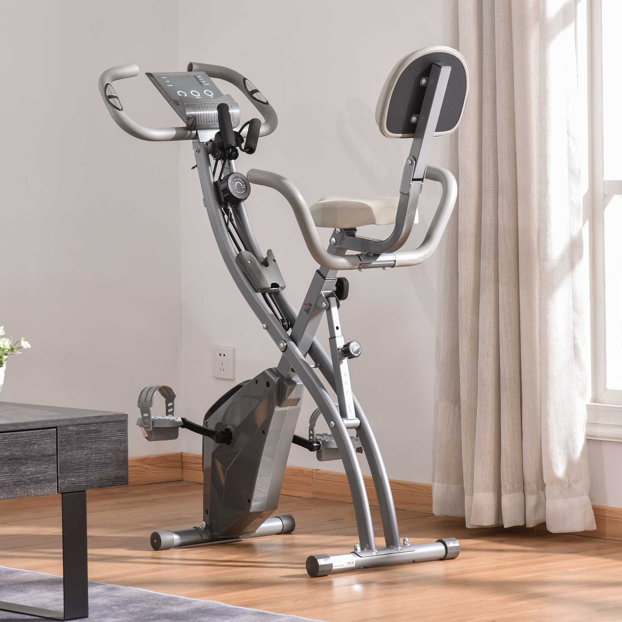 Easycomfort Cyclette Pieghevole 2 in 1, Resistenza Magnetica Regolabile 8 Livelli, Bici da Fitness with Sensore di Frequenza Cardiaca, Elastici per Braccia, Schermo LCD, Volano 2.5kg, Grigio